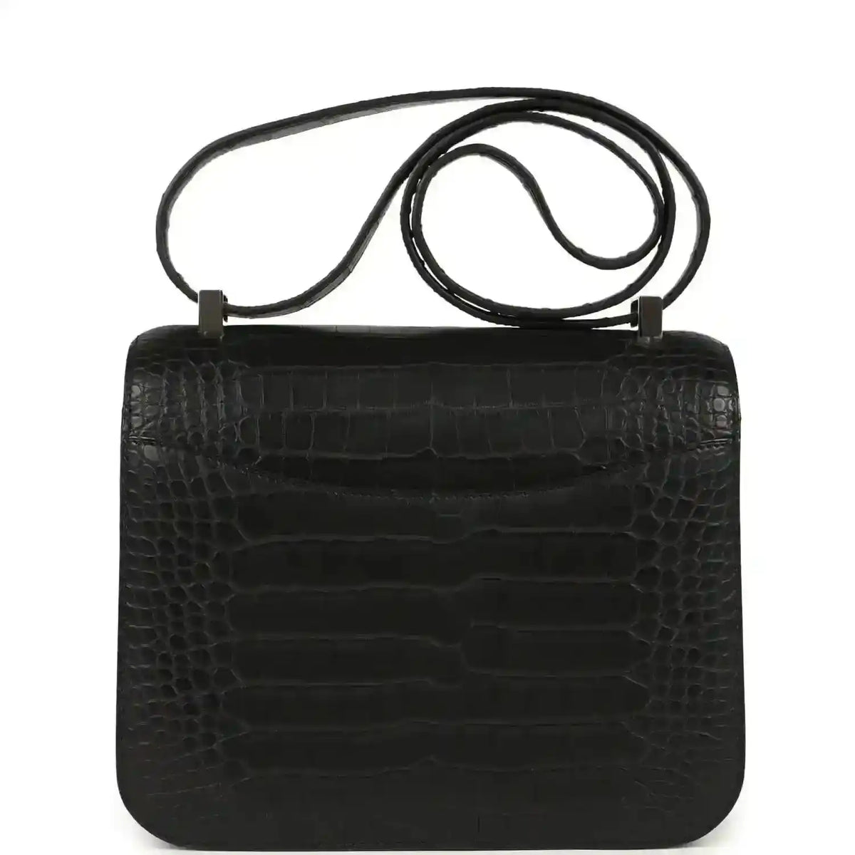 Black crocodile-pattern flap bag with top handle and shoulder strap