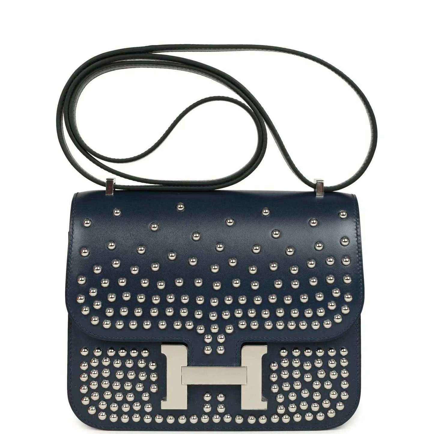 Studded blue leather flap crossbody bag with H clasp and palladium-tone hardware