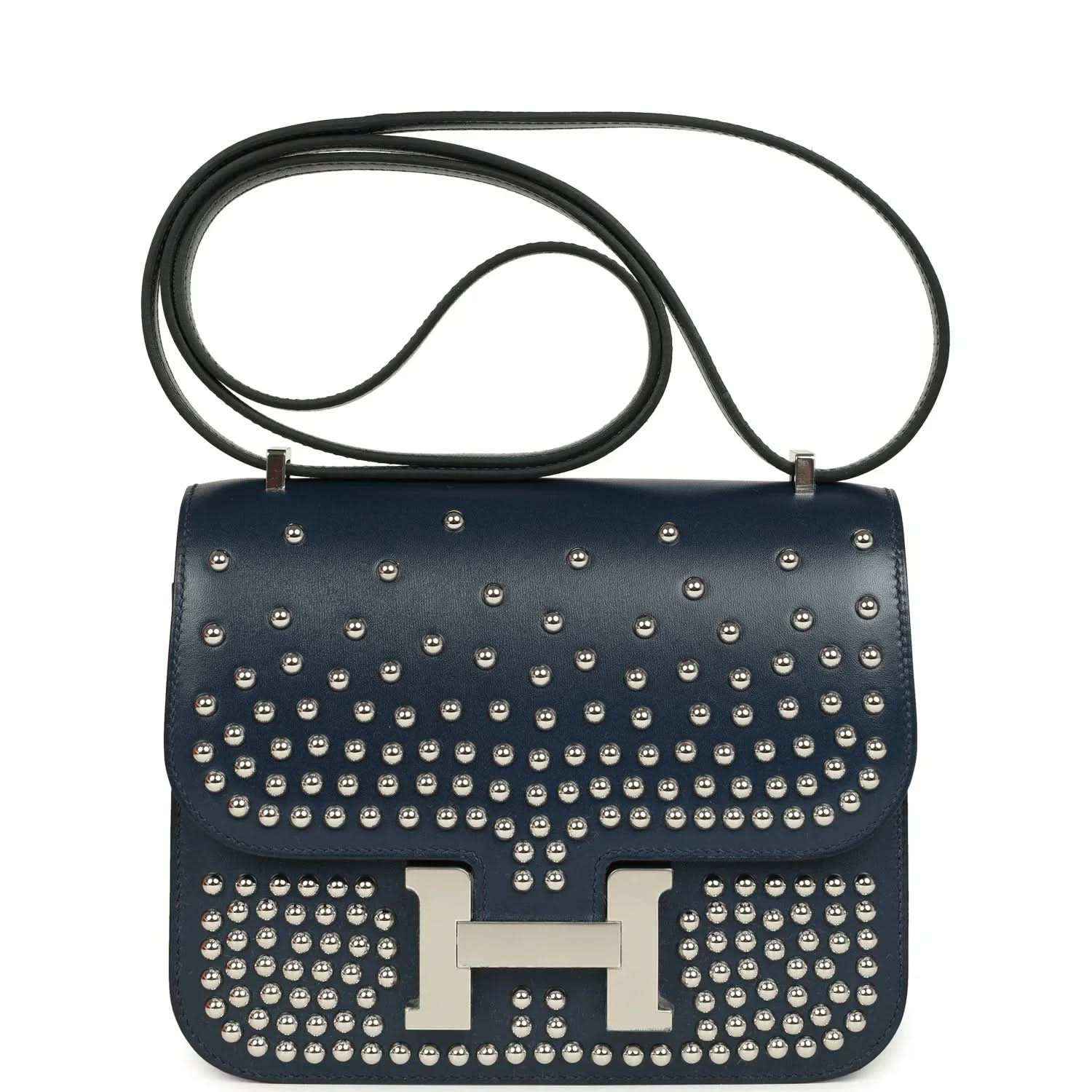 Studded blue leather flap crossbody bag with H clasp and palladium-tone hardware