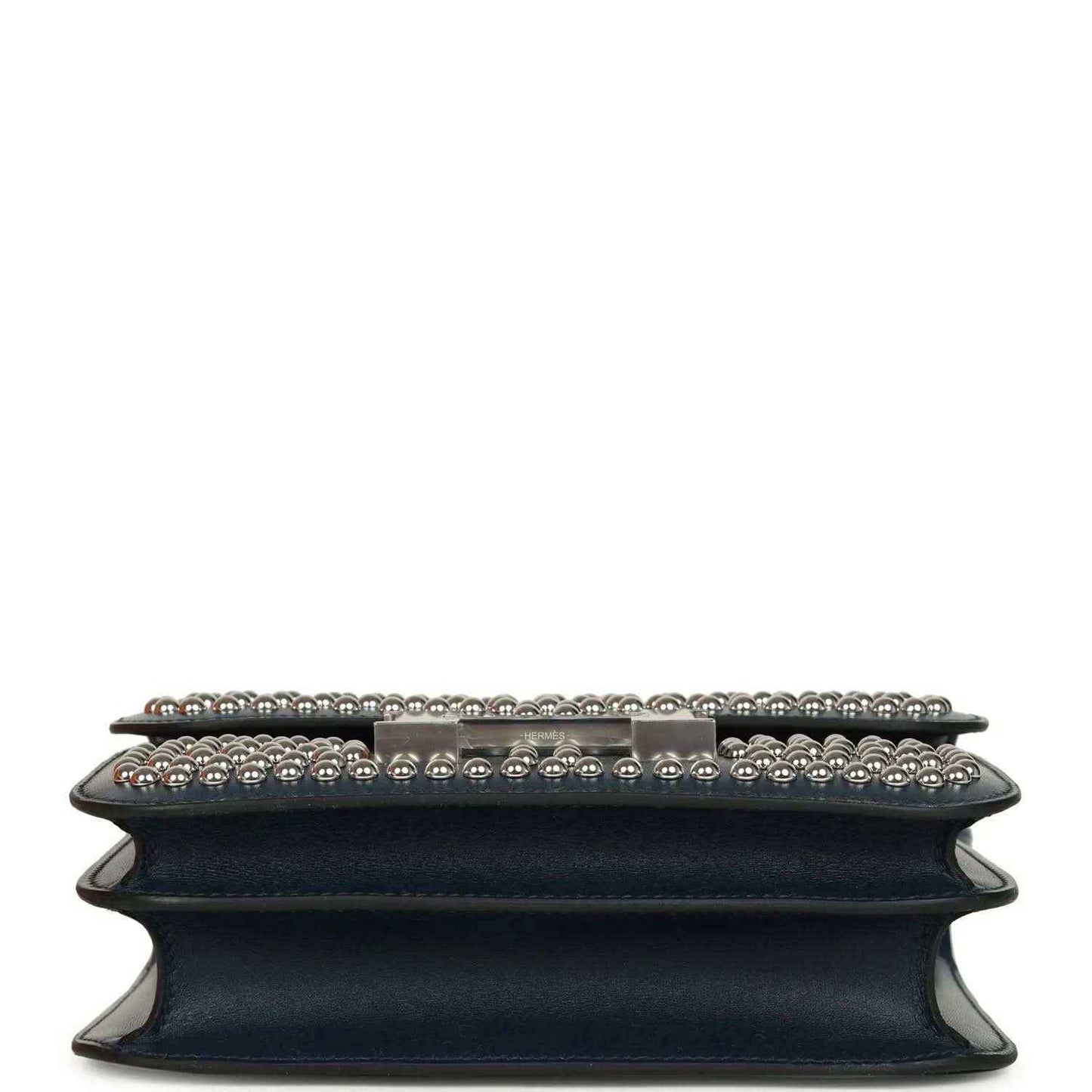 Blue leather bag base with studded edge and raised trim, silver-tone hardware