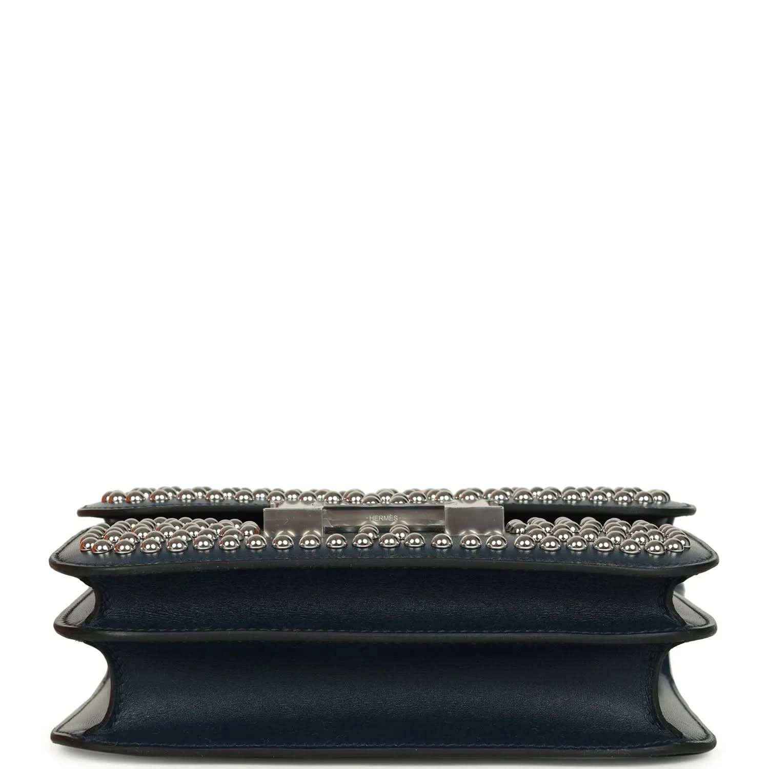 Blue leather bag base with studded edge and raised trim, silver-tone hardware