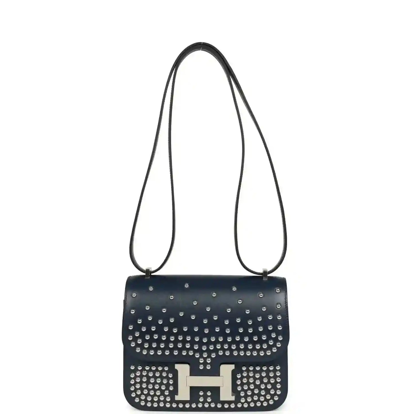 Blue studded leather shoulder bag with H clasp and long thin strap