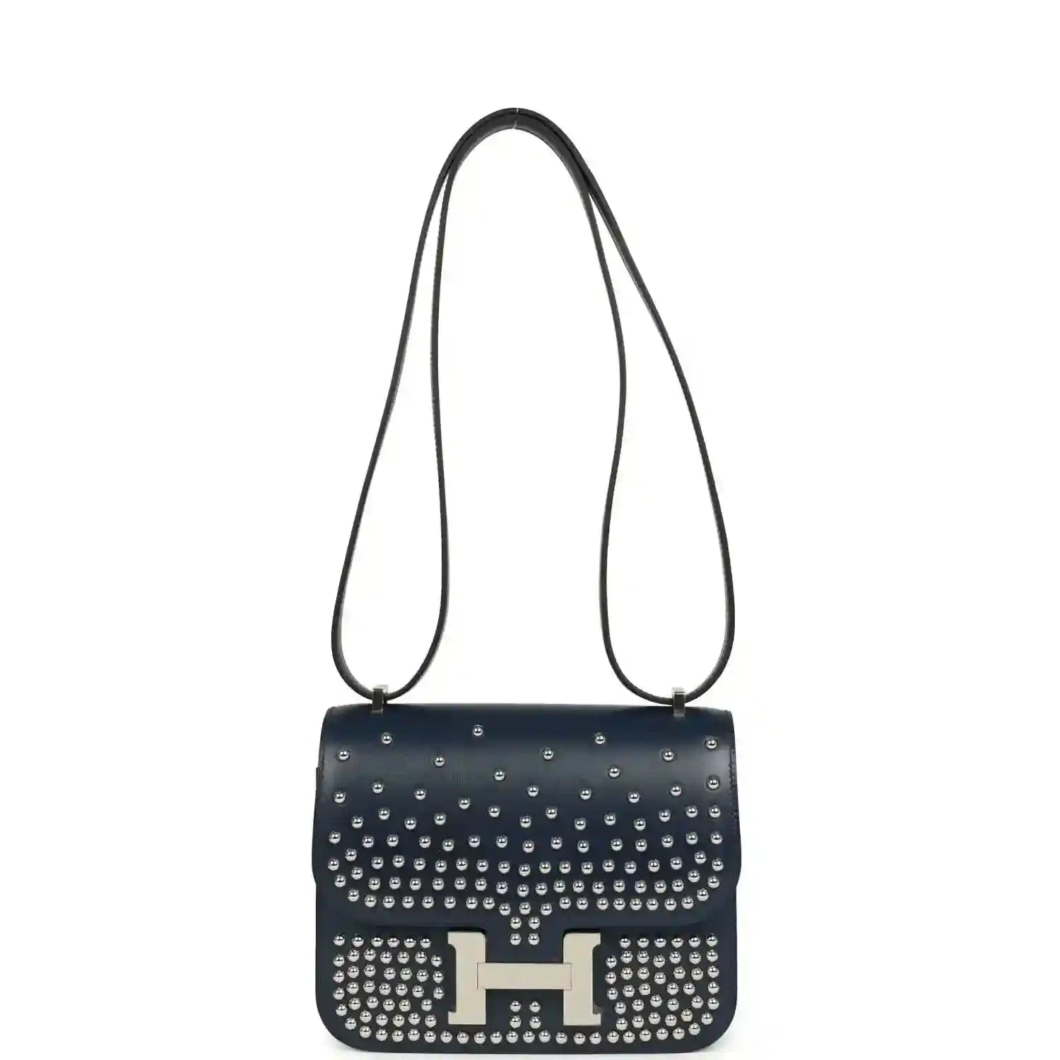Blue studded leather shoulder bag with H clasp and long thin strap