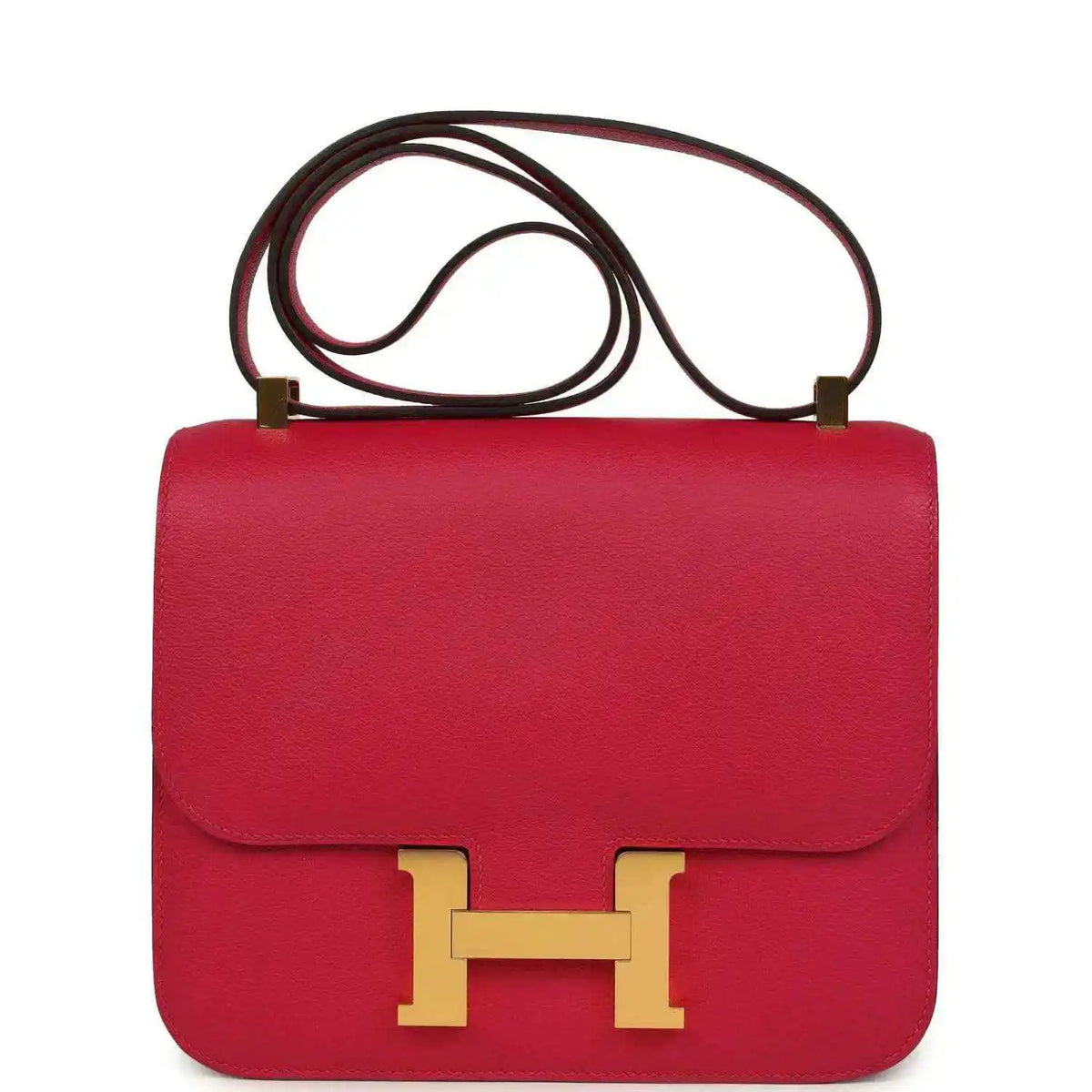 Red leather crossbody bag with gold H clasp and double top handles