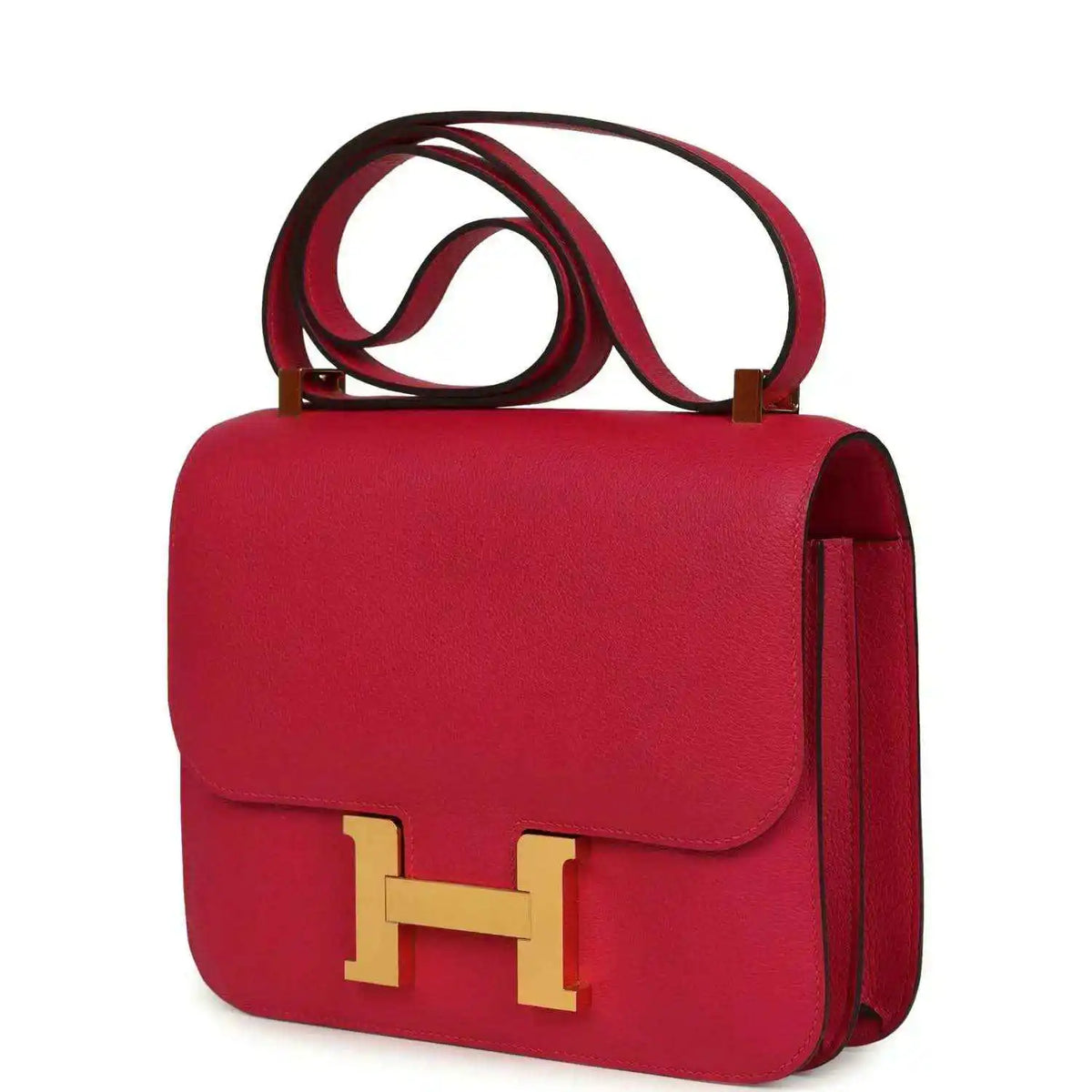 Red leather handbag with gold-tone H clasp and side gusset detail