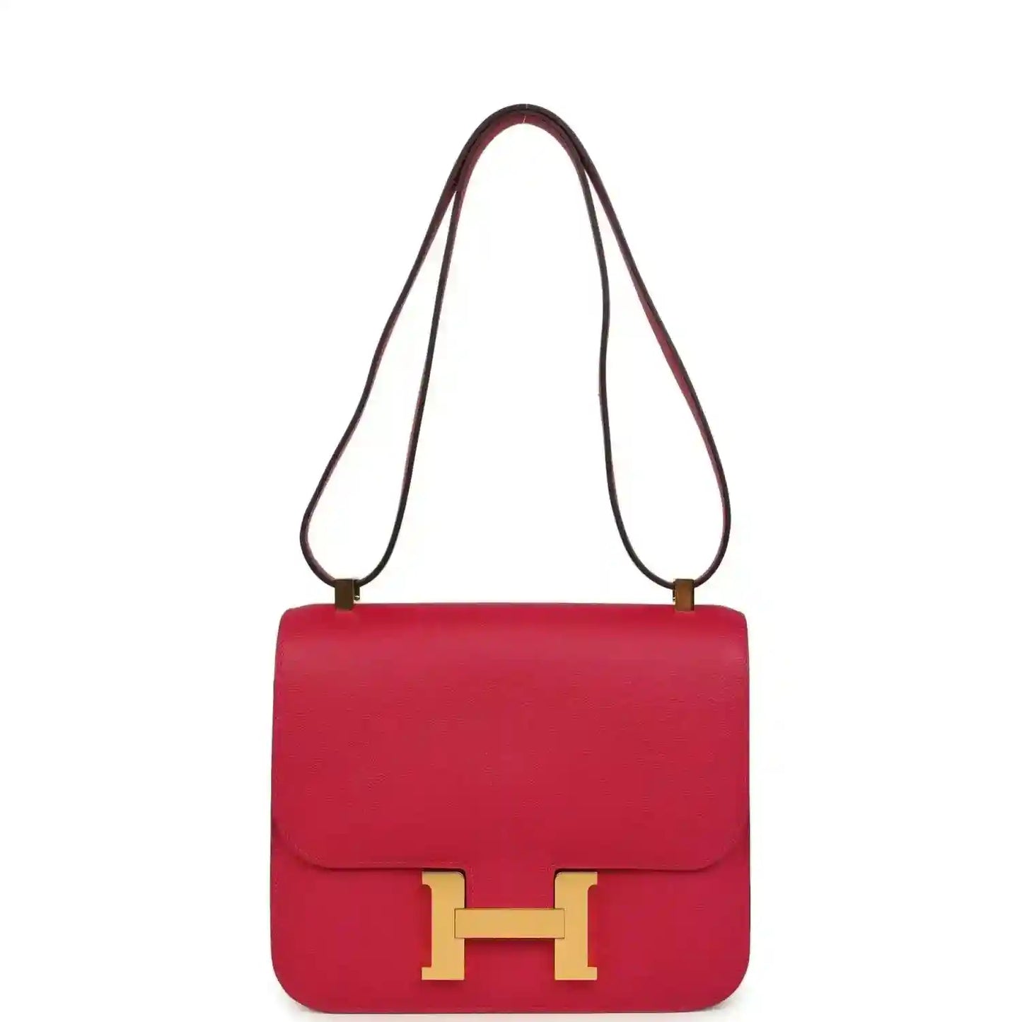 Red leather crossbody bag with gold H clasp and long shoulder strap