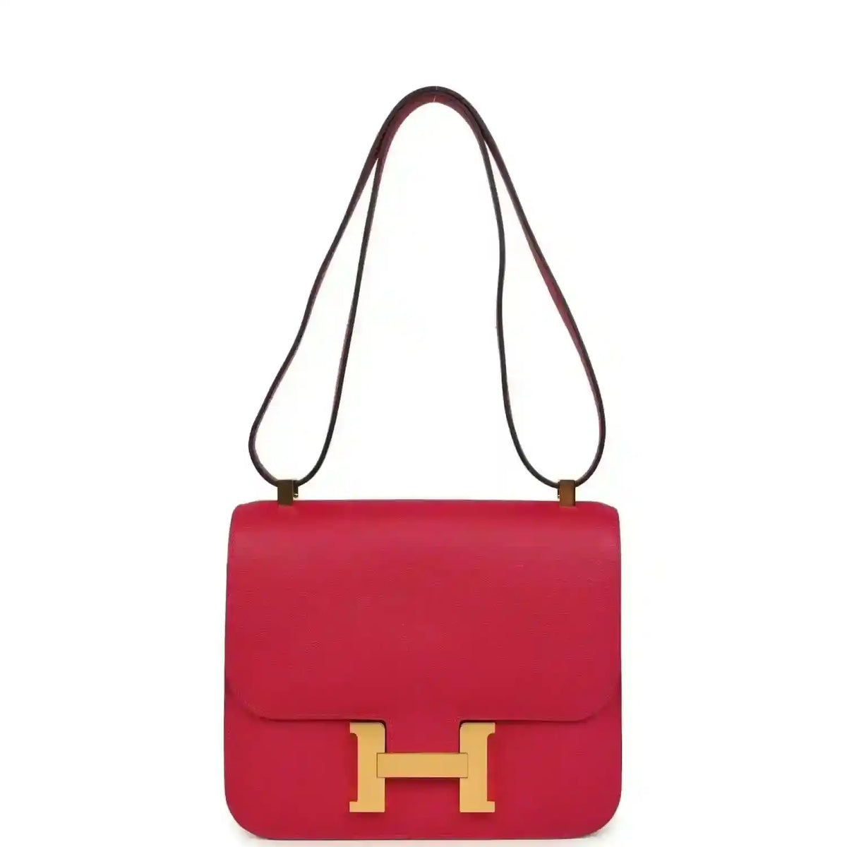Red leather crossbody bag with gold H clasp and long shoulder strap