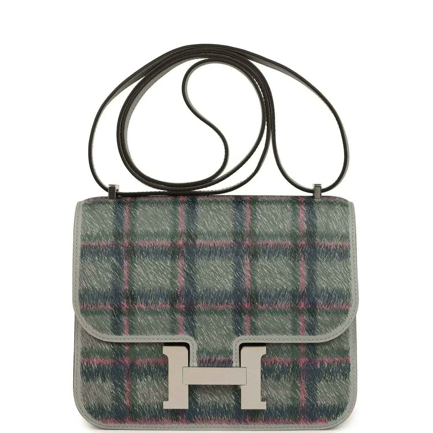 Tartan plaid leather shoulder bag with flap and silver H clasp, dark blue and green