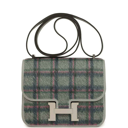 Tartan plaid leather shoulder bag with flap and silver H clasp, dark blue and green