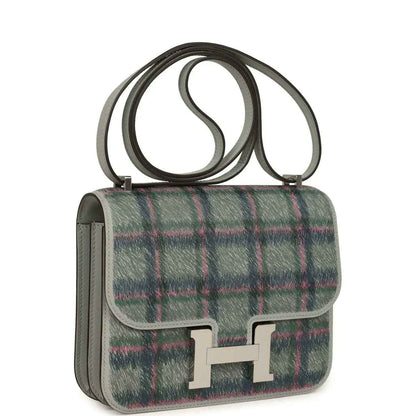 Tartan plaid leather shoulder bag with flap and silver H clasp, green blue and red lines