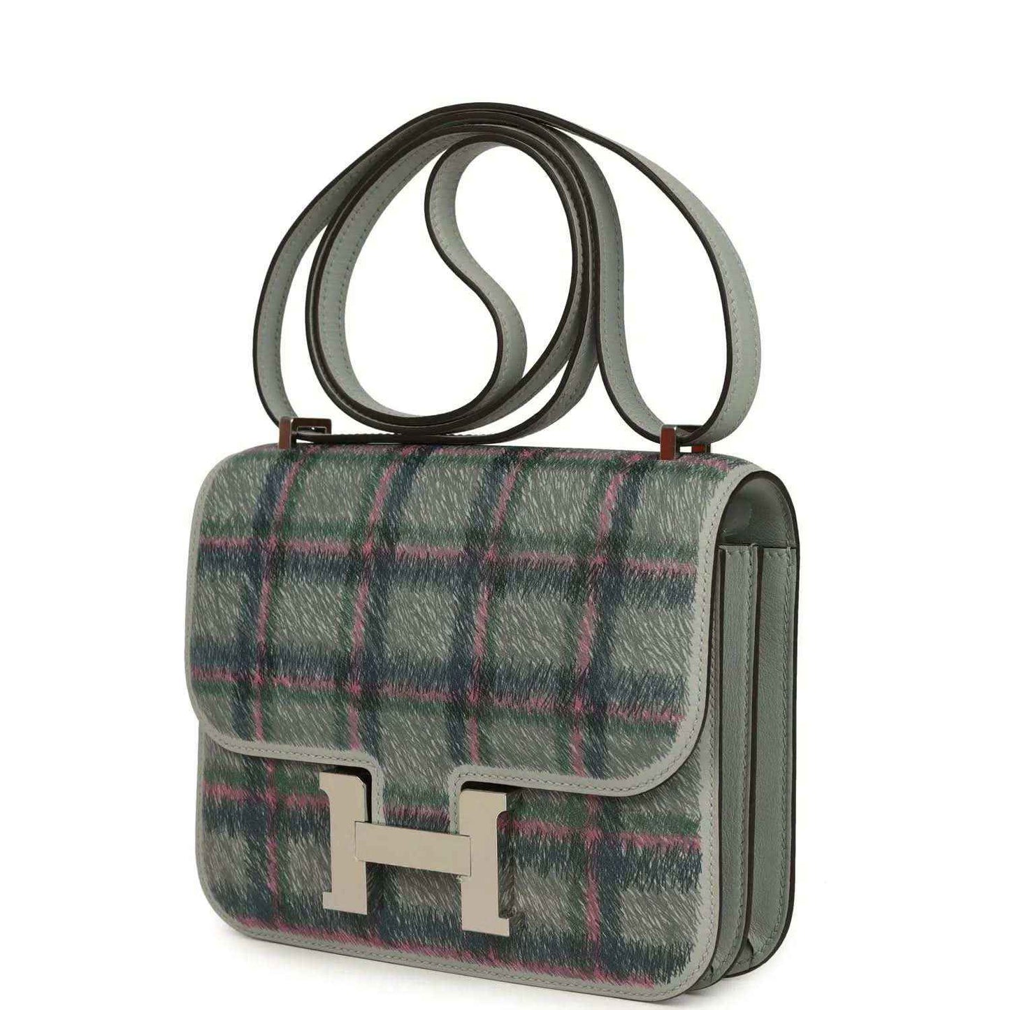 Tartan plaid leather mini handbag with silver H clasp and side profile, green-blue