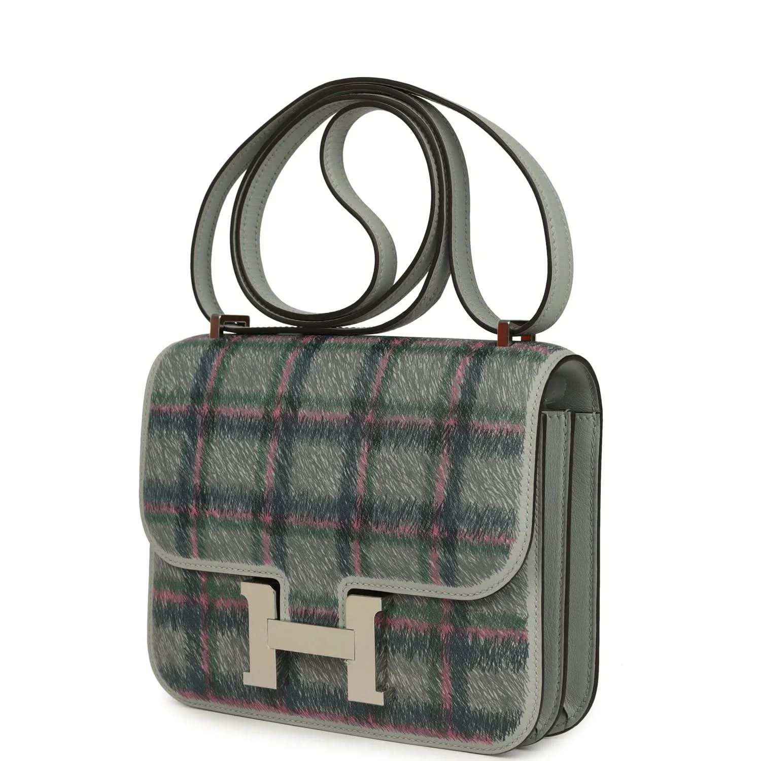 Tartan plaid leather mini handbag with silver H clasp and side profile, green-blue