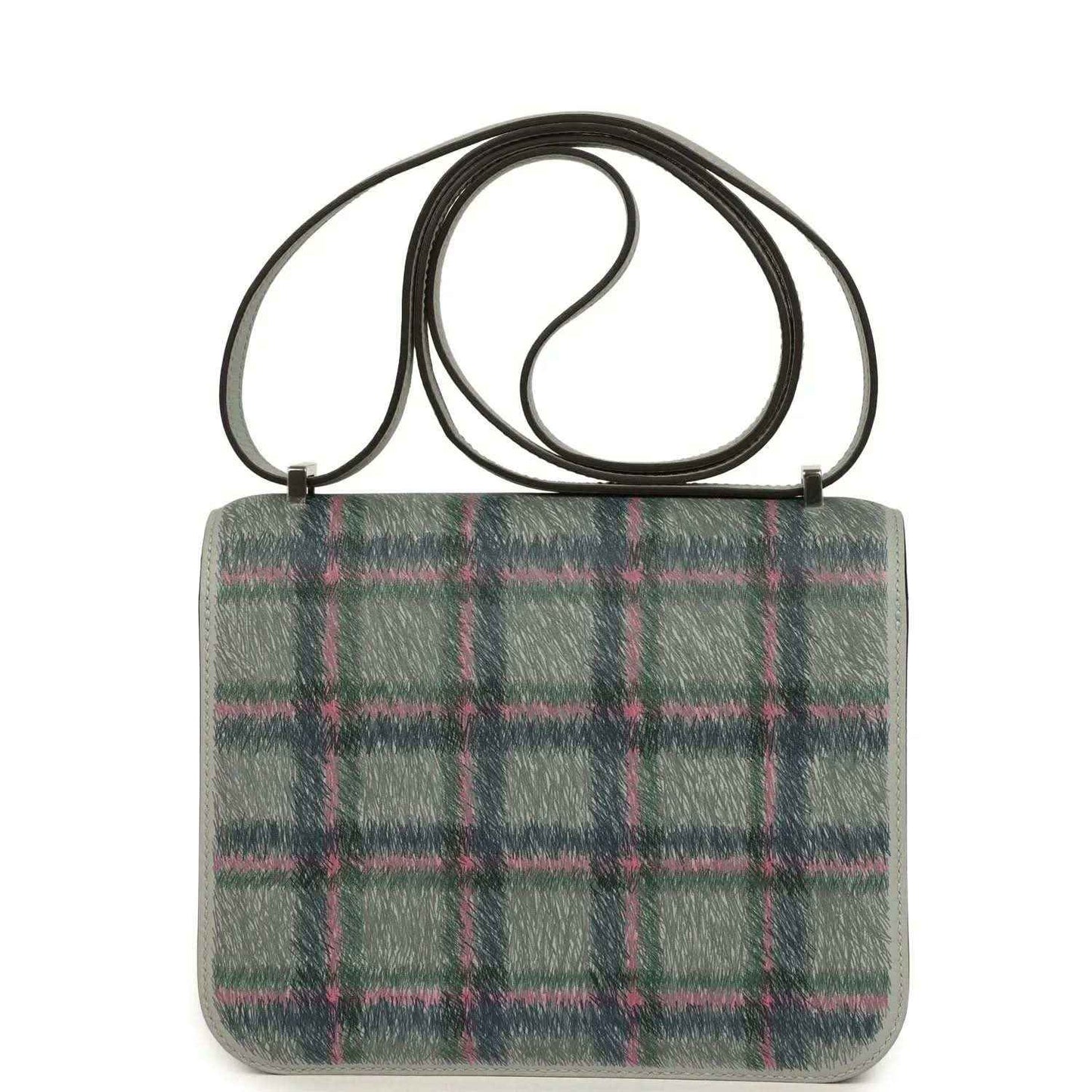 Tartan plaid leather mini handbag with top handle strap and silver H clasp, green-blue