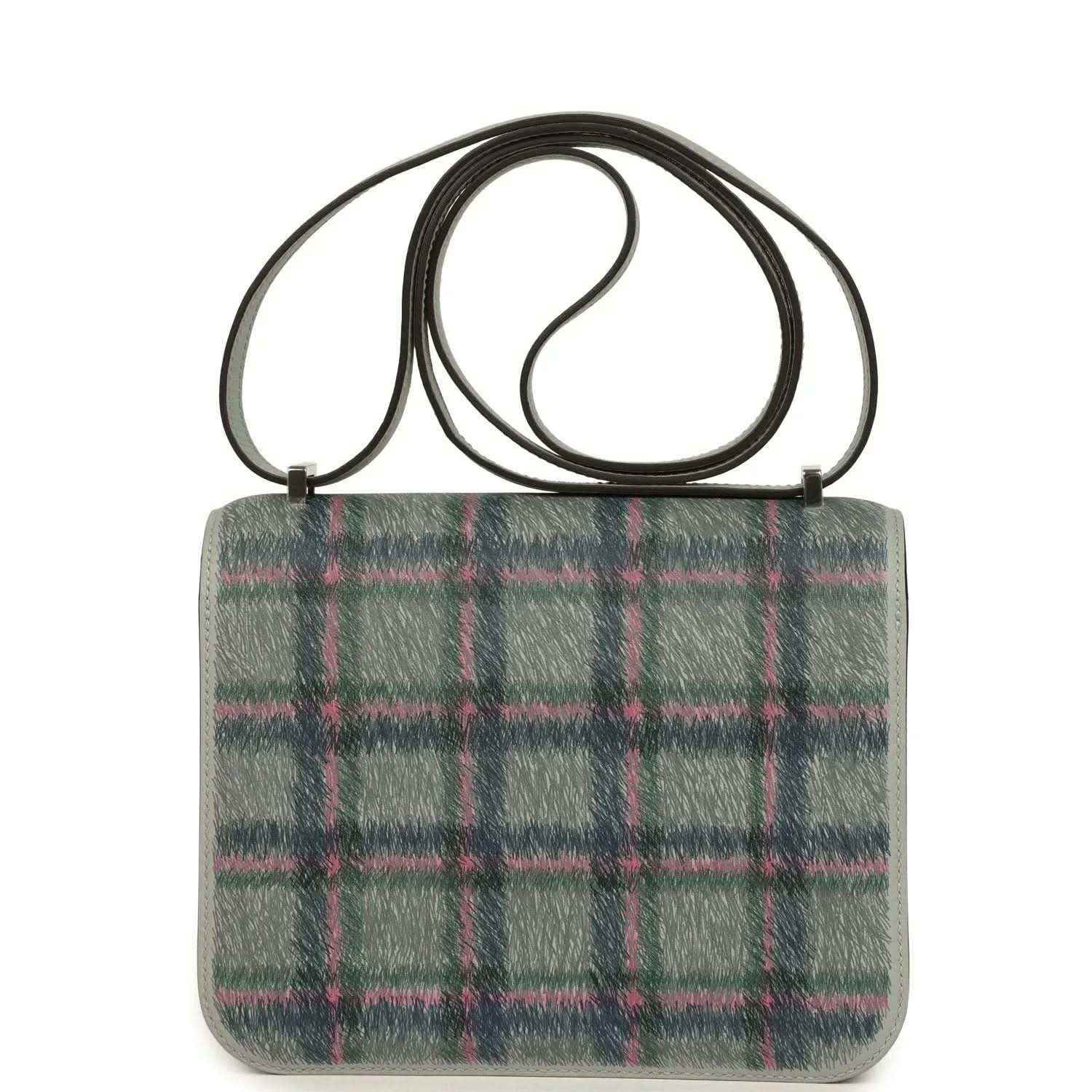 Tartan plaid leather mini handbag with top handle strap and silver H clasp, green-blue