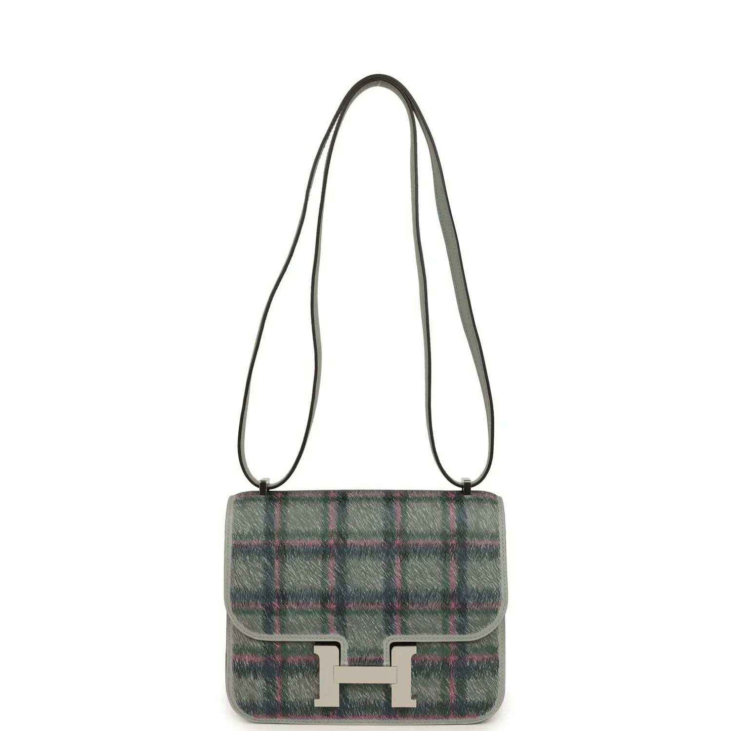 Tartan plaid leather crossbody bag with flap and silver H clasp, green and blue