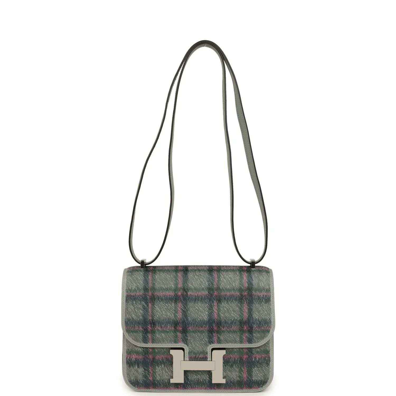 Tartan plaid leather crossbody bag with flap and silver H clasp, green and blue