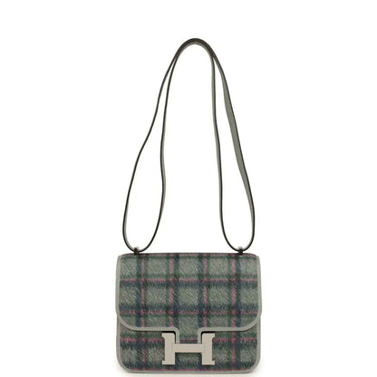 Tartan plaid leather crossbody bag with flap and silver H clasp, green and blue