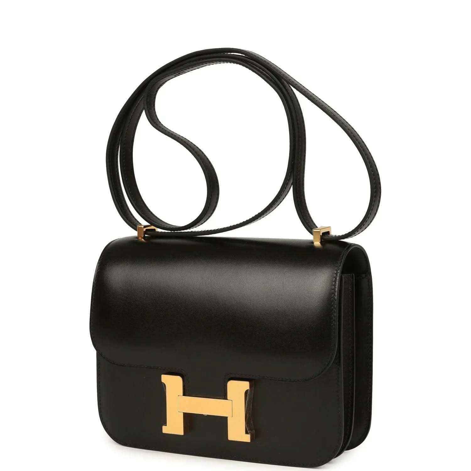 Black calfskin handbag with gold-tone H lock and long shoulder strap