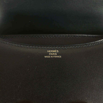 Black calfskin handbag interior with Hermes Paris stamp and stitched trim