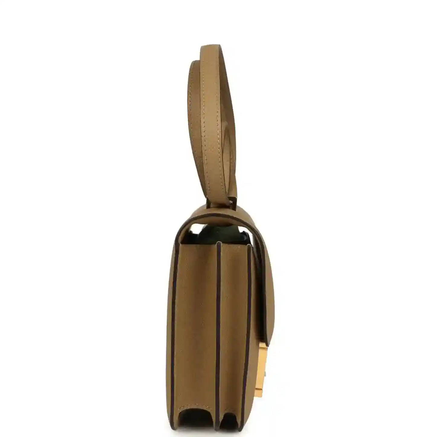 Tan leather crossbody bag with slim strap and gold-tone hardware, side profile