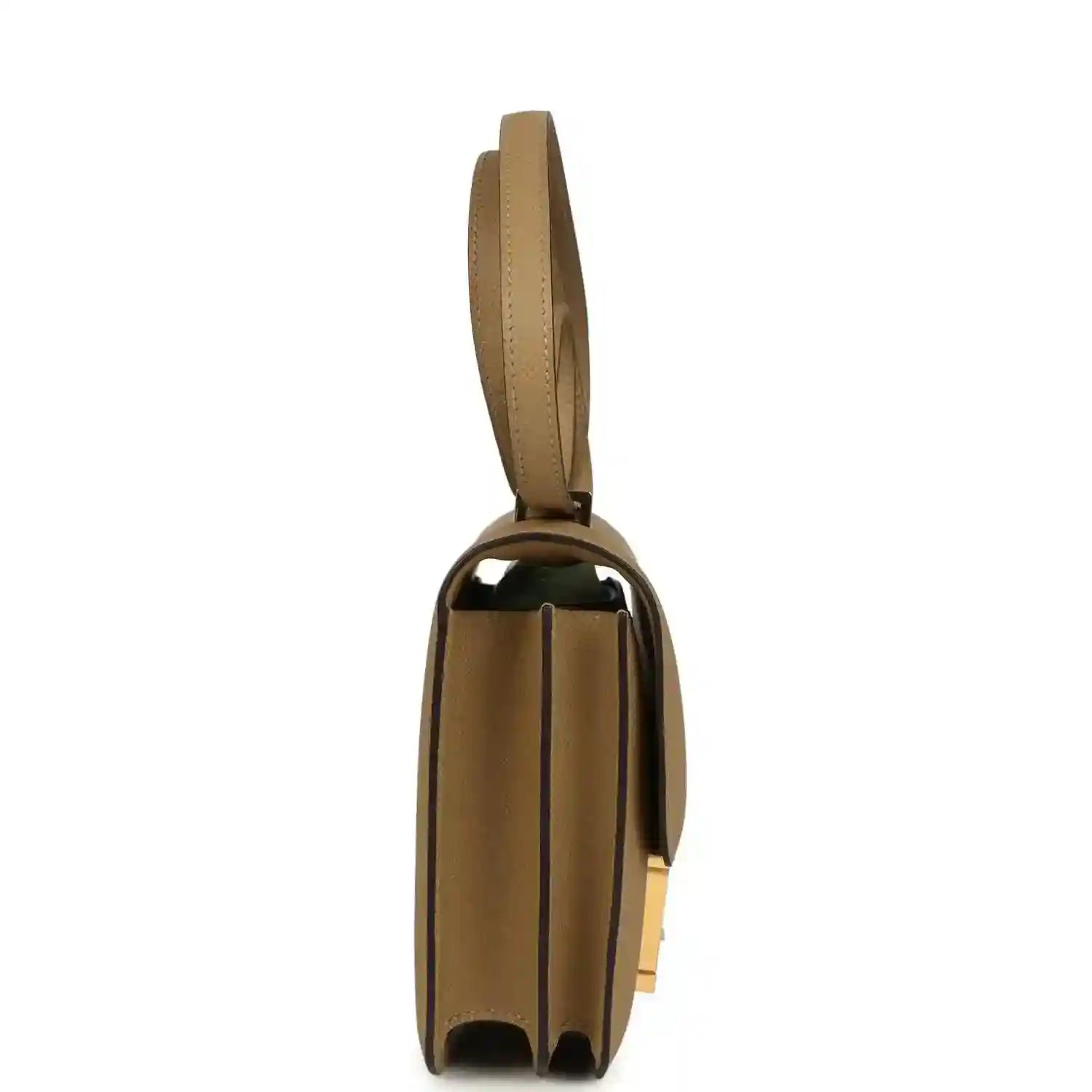 Tan leather crossbody bag with slim strap and gold-tone hardware, side profile