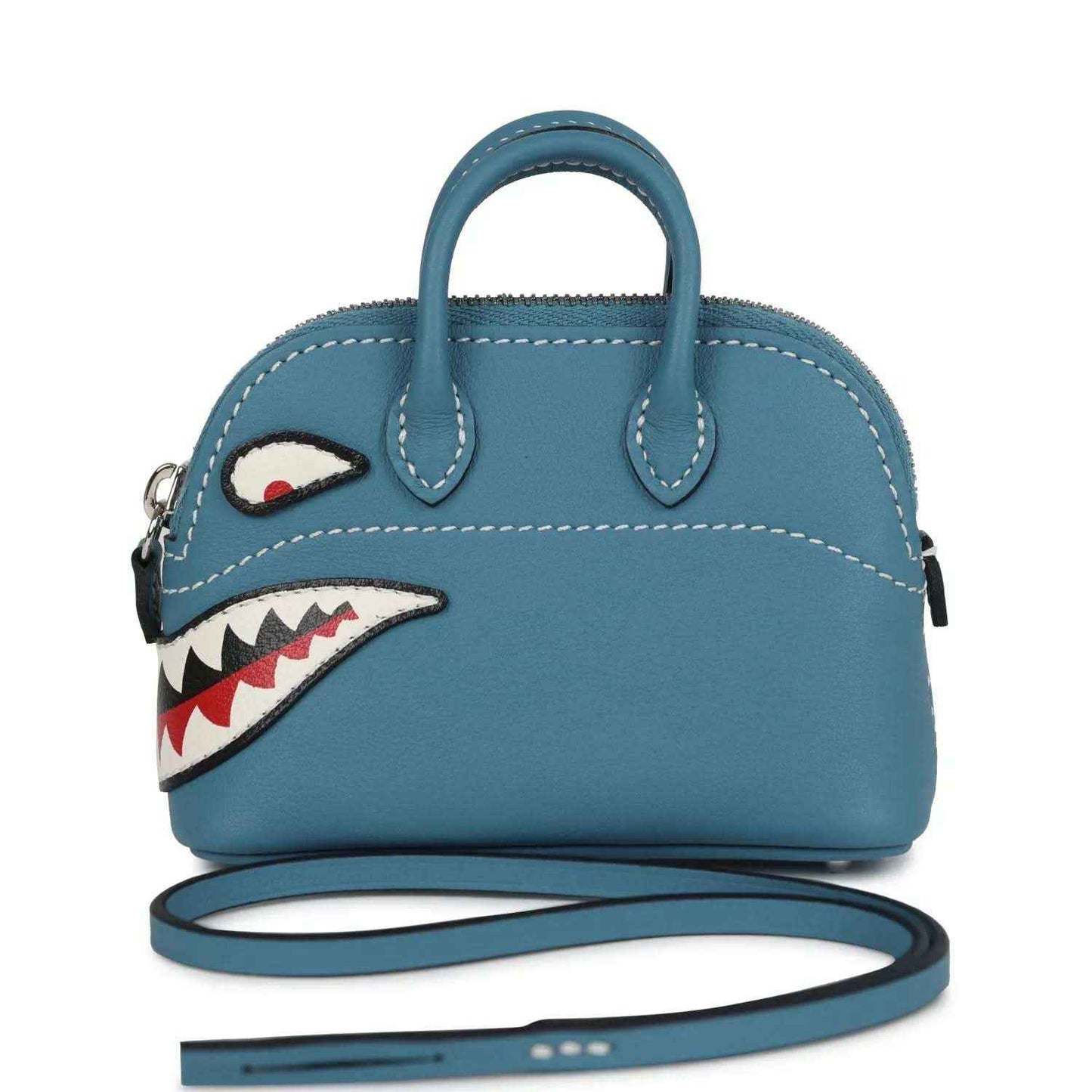 Hermes shark bag charm in blue leather, top handle, front zipper and appliqué