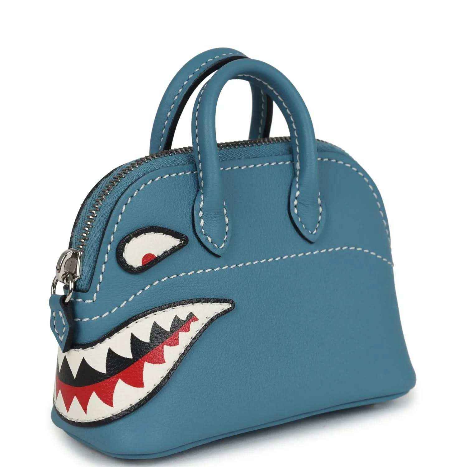 Hermes shark bag charm in blue leather with top handle and side zipper pocket