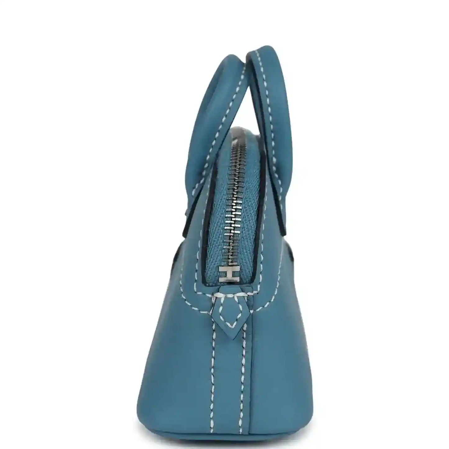 Hermes shark bag charm in blue leather, side view with zipper track and stitched handles
