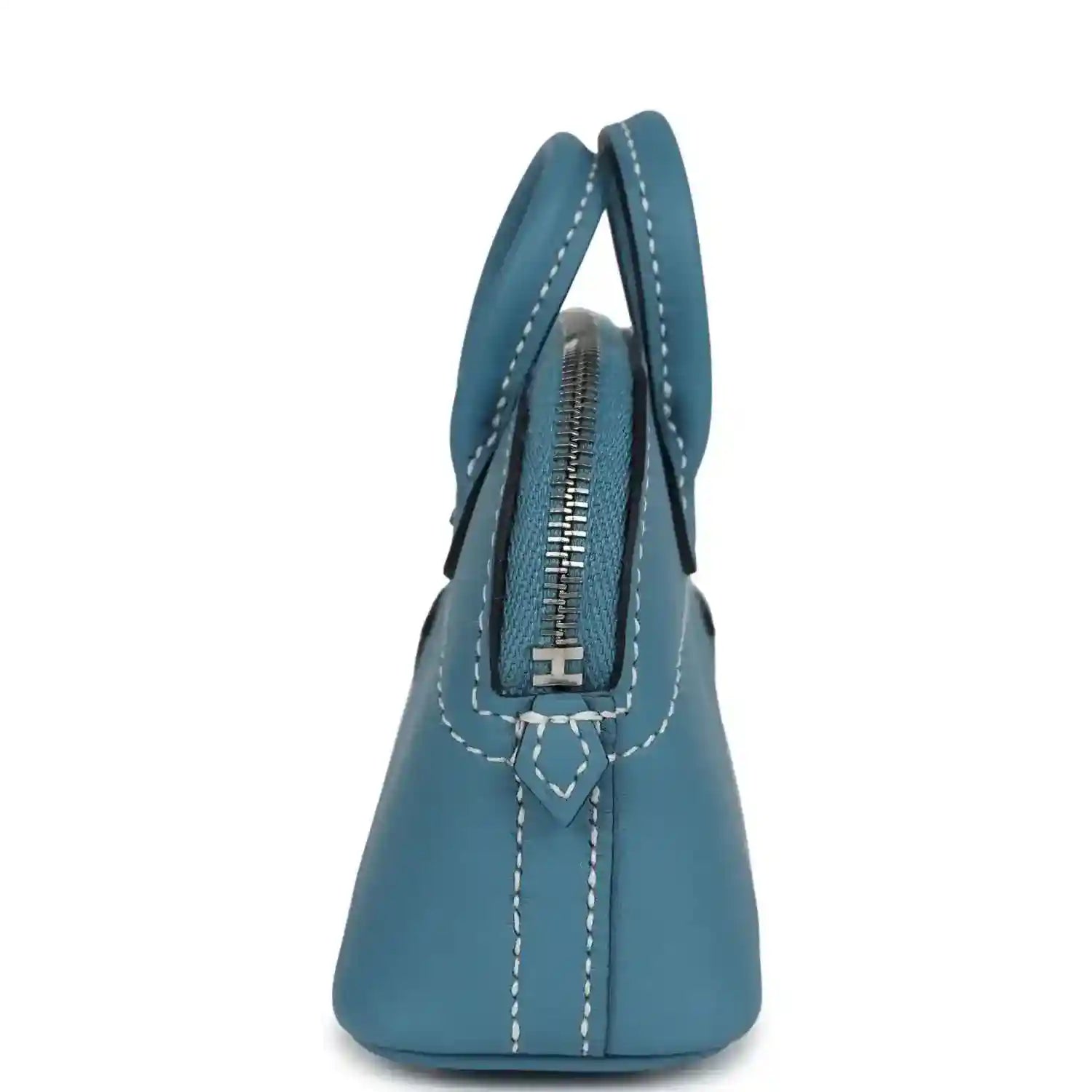Hermes shark bag charm in blue leather, side view with zipper track and stitched handles