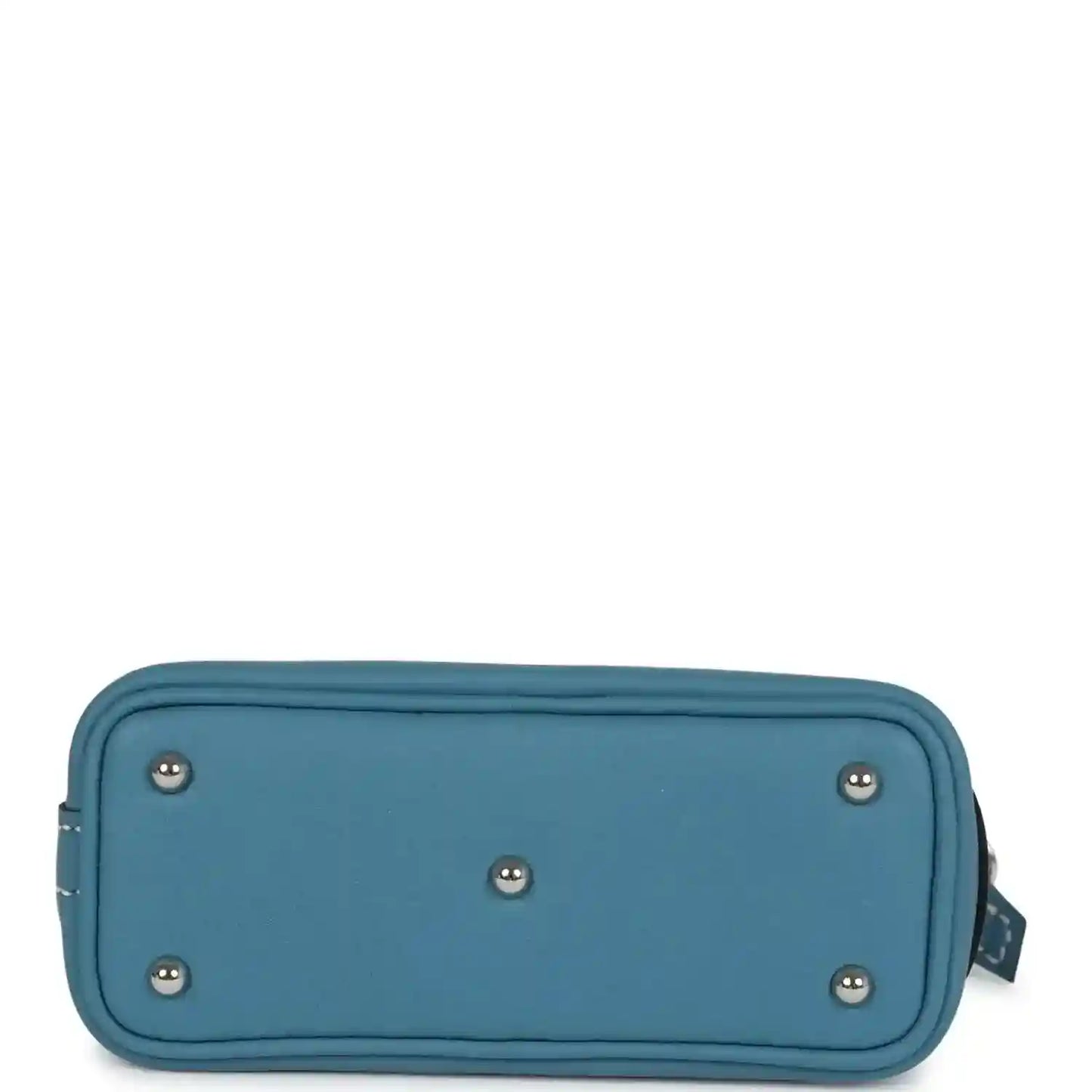 Hermes shark bag charm in blue leather, back panel with four metal feet and zipper