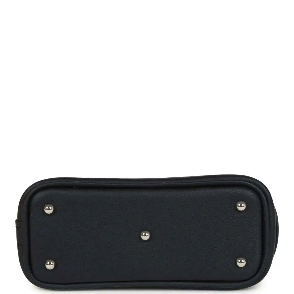 Black mini bag charm back panel with five metal studs and rounded shape