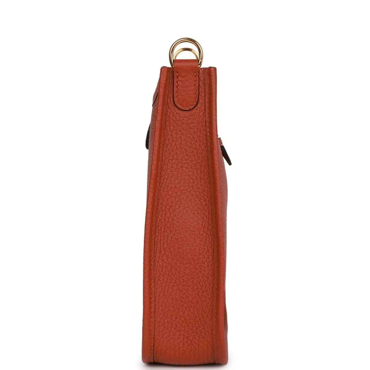 Hermes Evelyne TPM bag in dark copper textured leather, side view with top loop