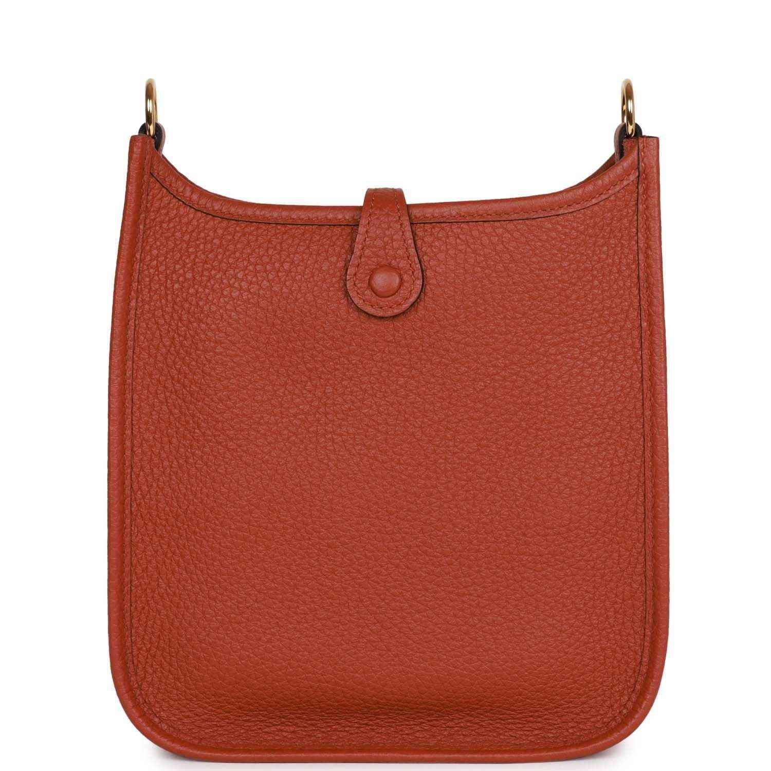 Hermes Evelyne TPM bag in dark copper textured leather, back panel with top loop