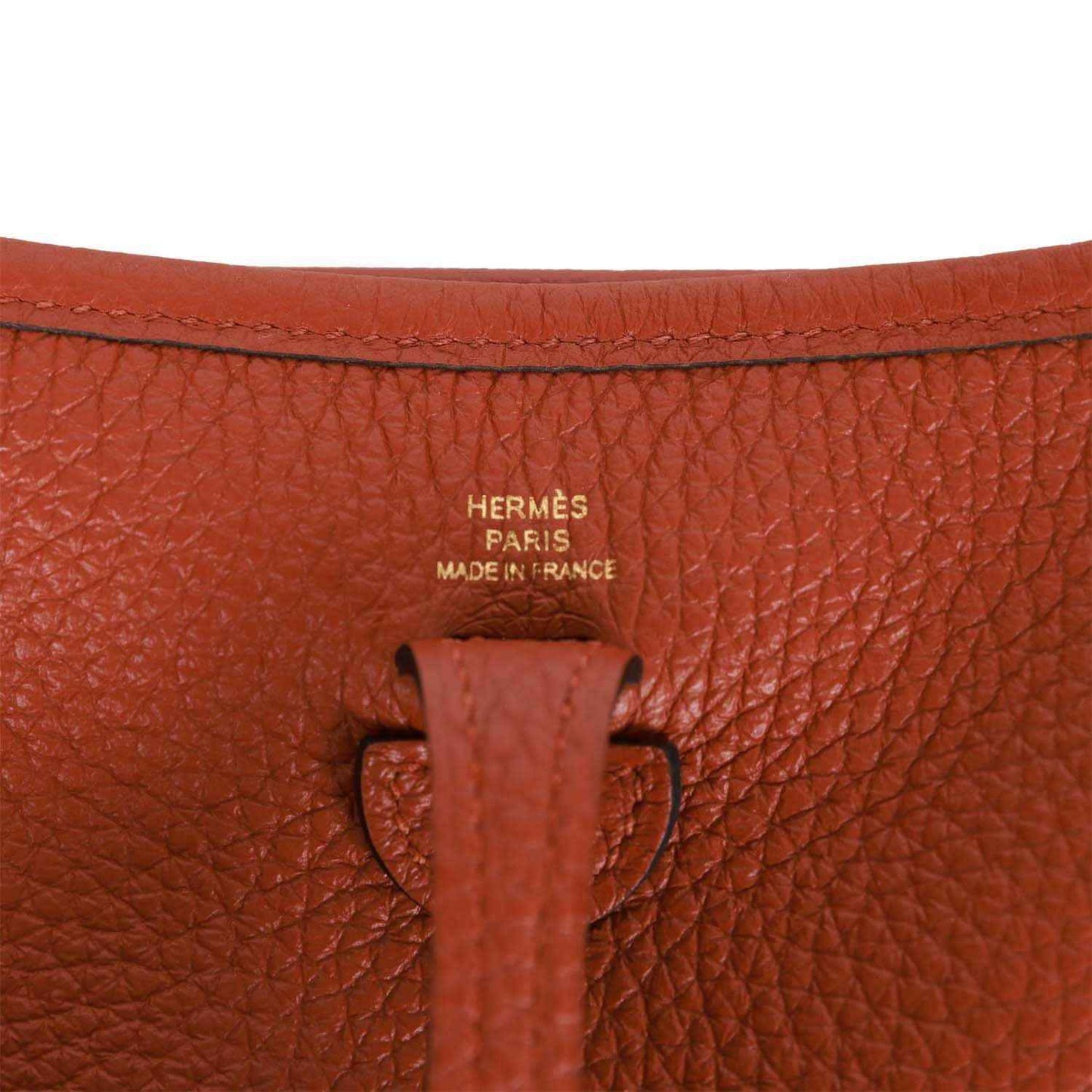 Hermes Evelyne TPM bag in dark copper textured leather with Hermes Paris stamp
