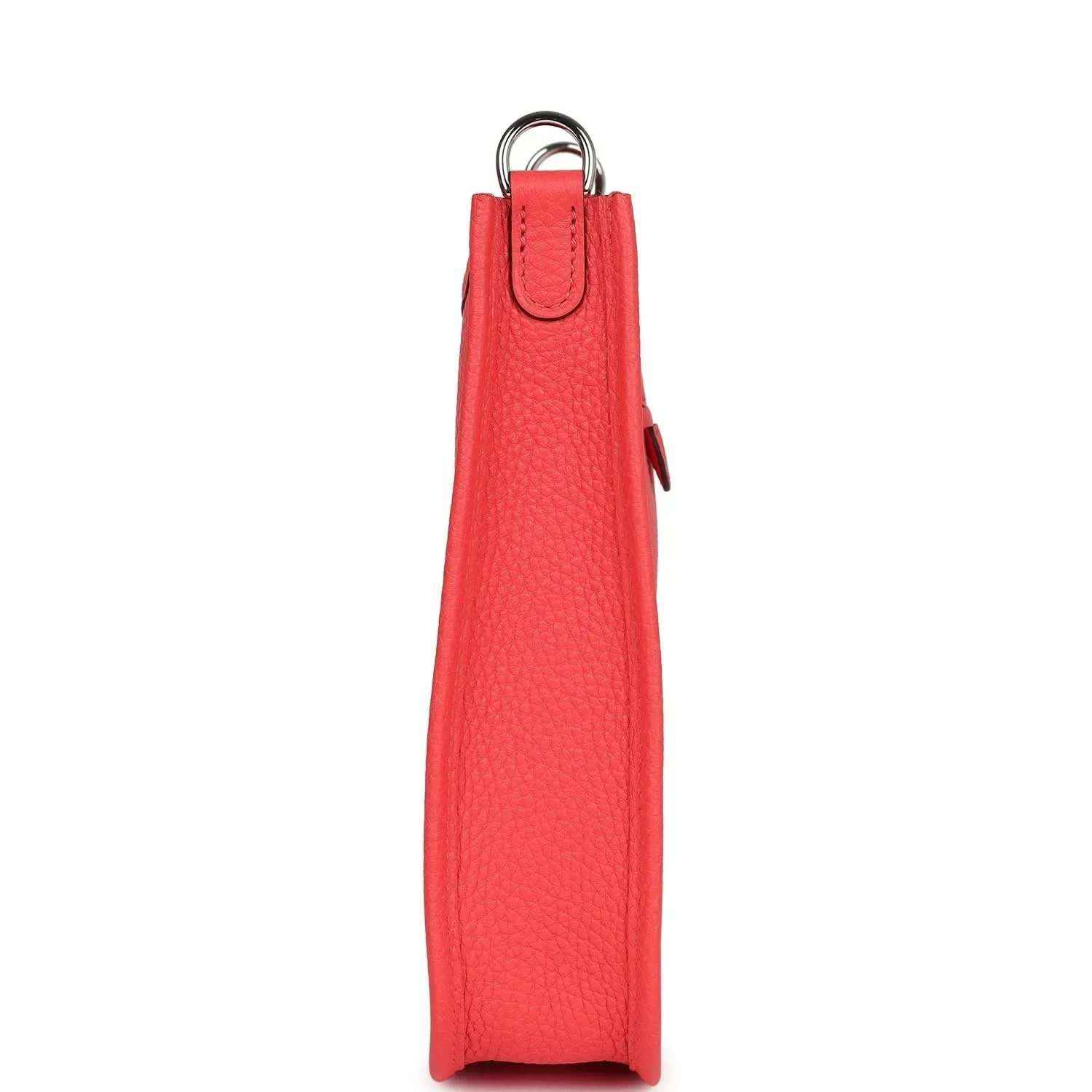 Red leather mini handbag with top ring handle and narrow side profile.