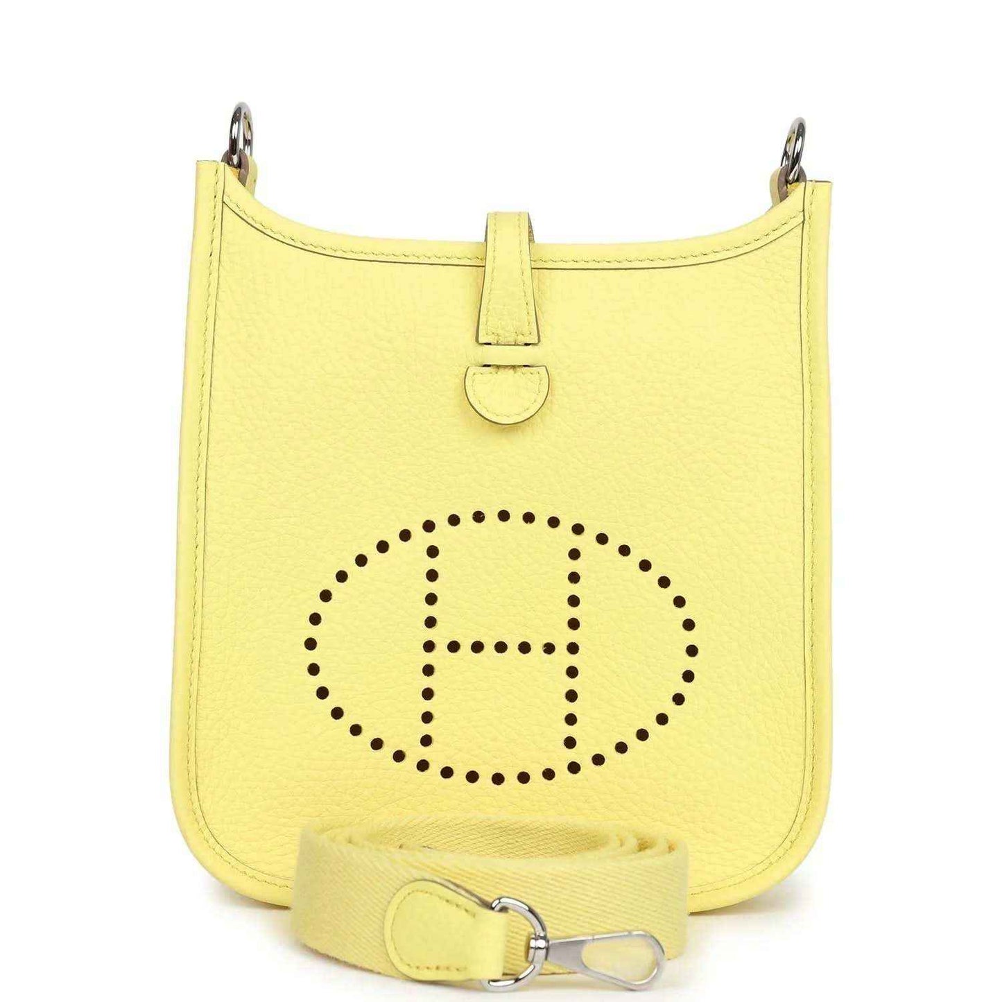 Lemon-yellow leather shoulder bag with front Evelyne logo and strap
