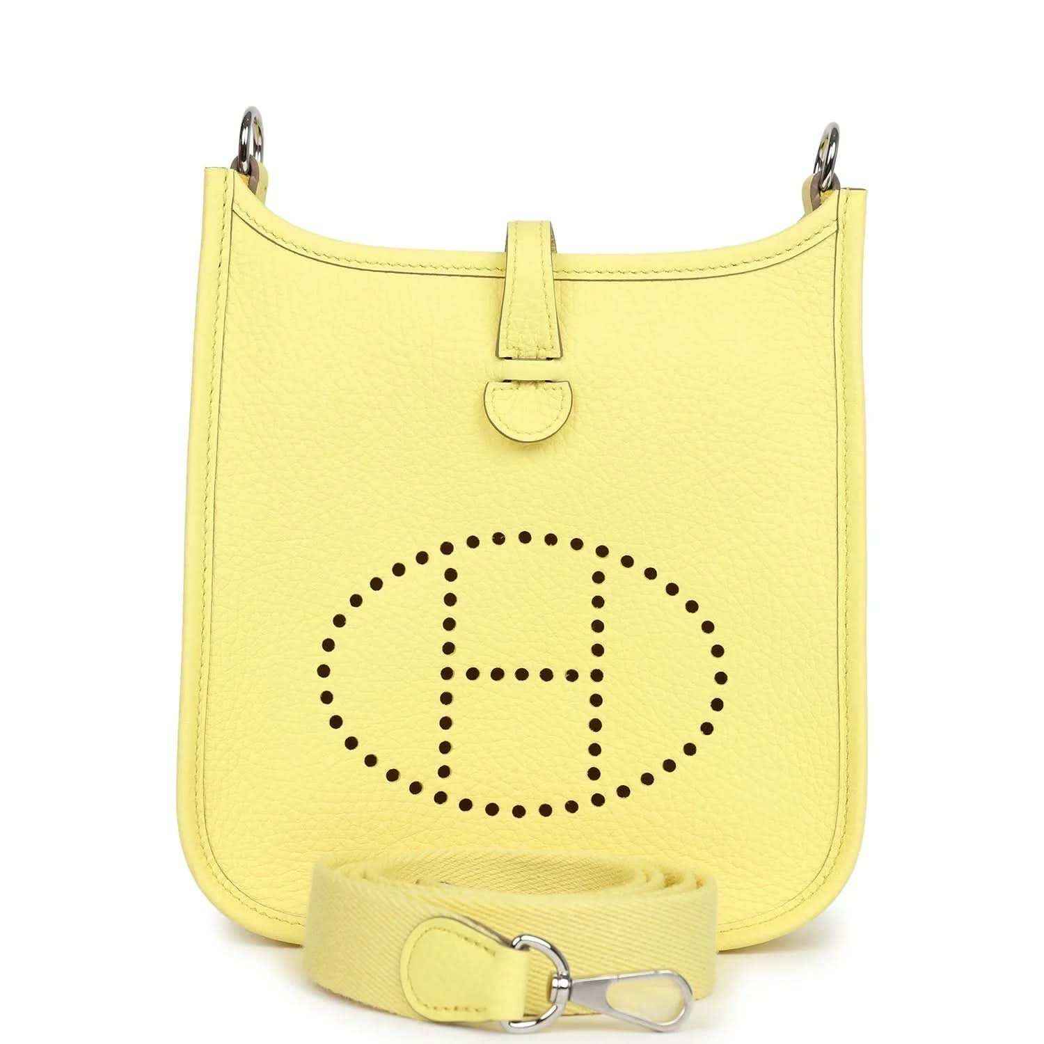 Lemon-yellow leather shoulder bag with front Evelyne logo and strap