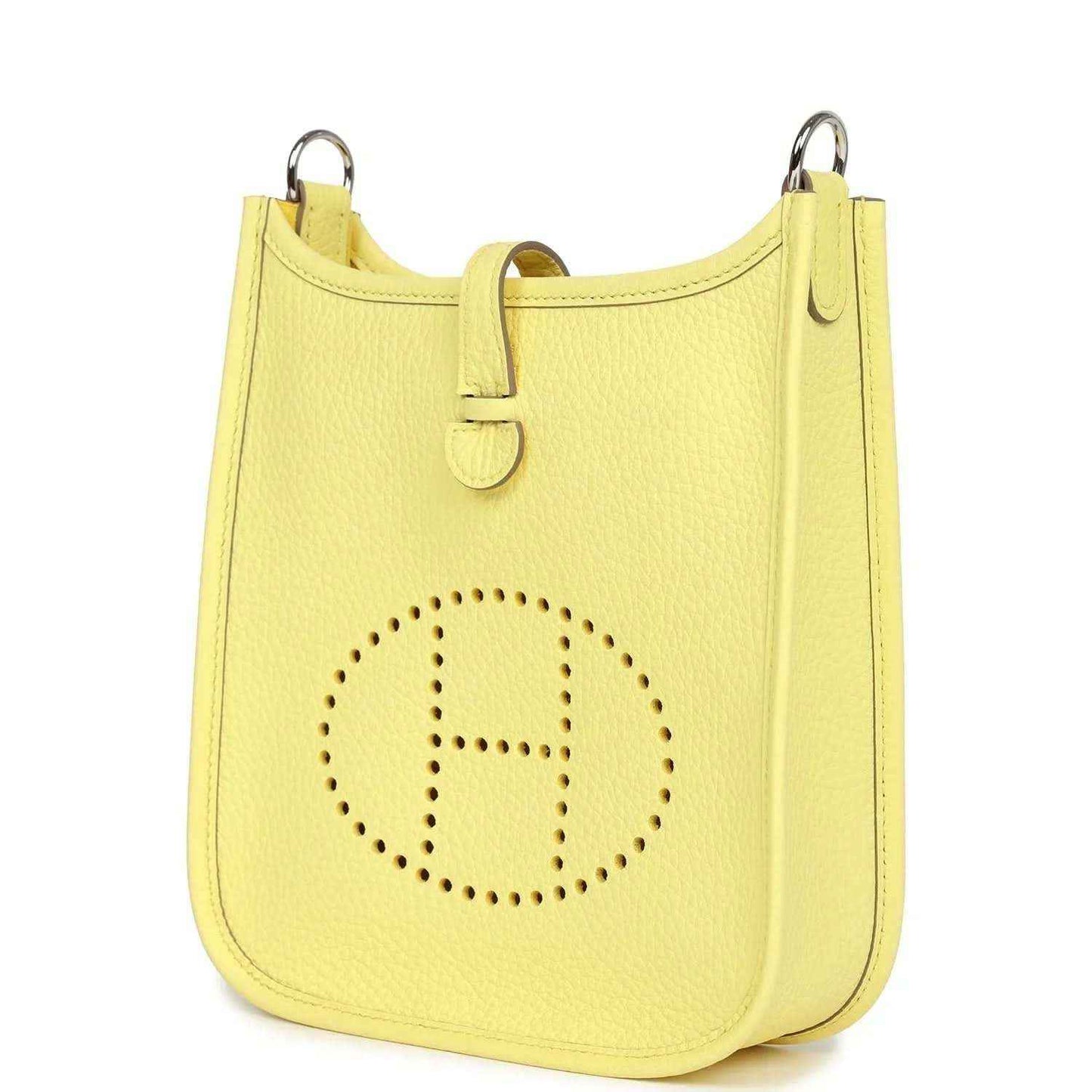 Lemon-yellow leather shoulder bag with top handle and front Evelyne logo