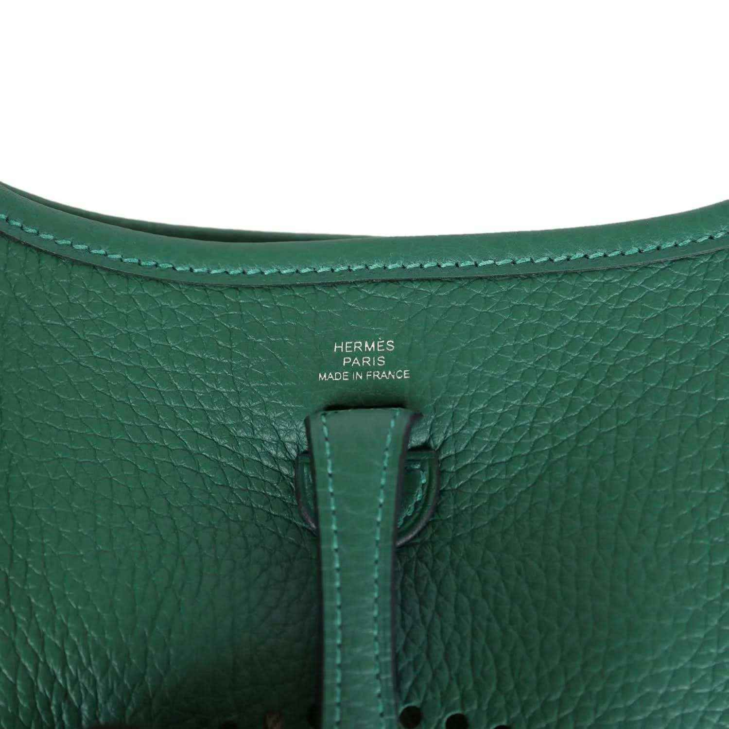 Green textured leather Evelyne TPM mini shoulder bag with Hermes Paris stamp