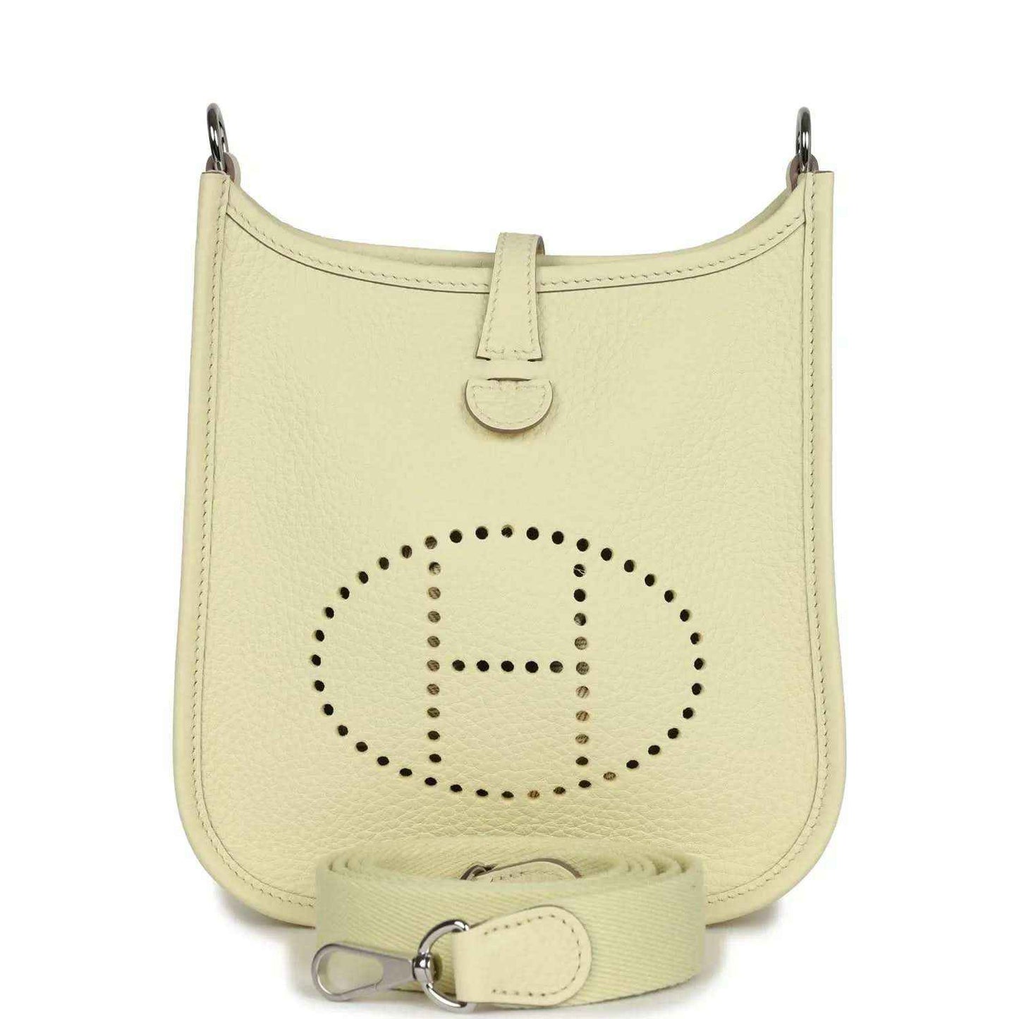 Light yellow leather mini crossbody bag with perforated 'E' logo