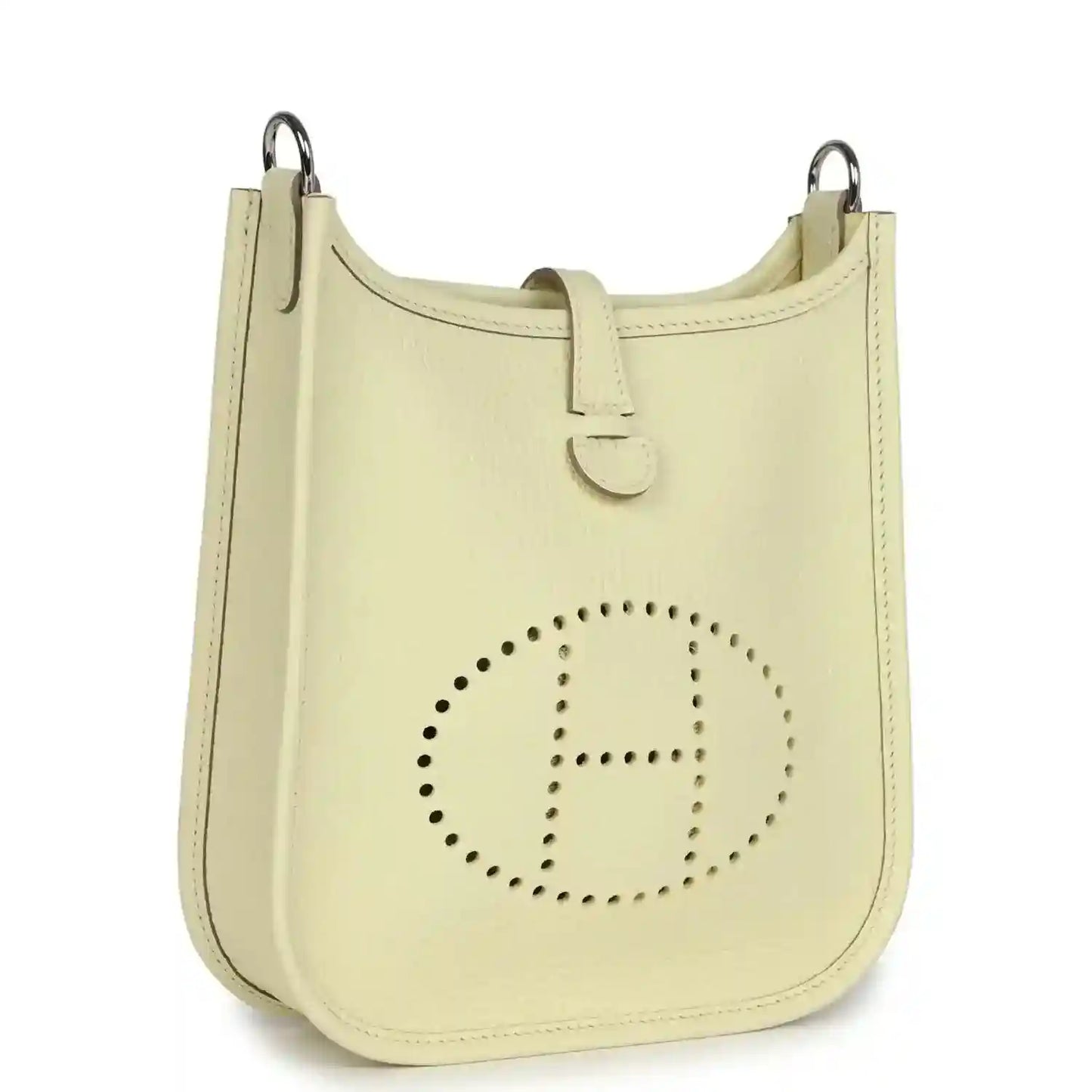 Light yellow leather mini crossbody bag with perforated 'E' logo and strap