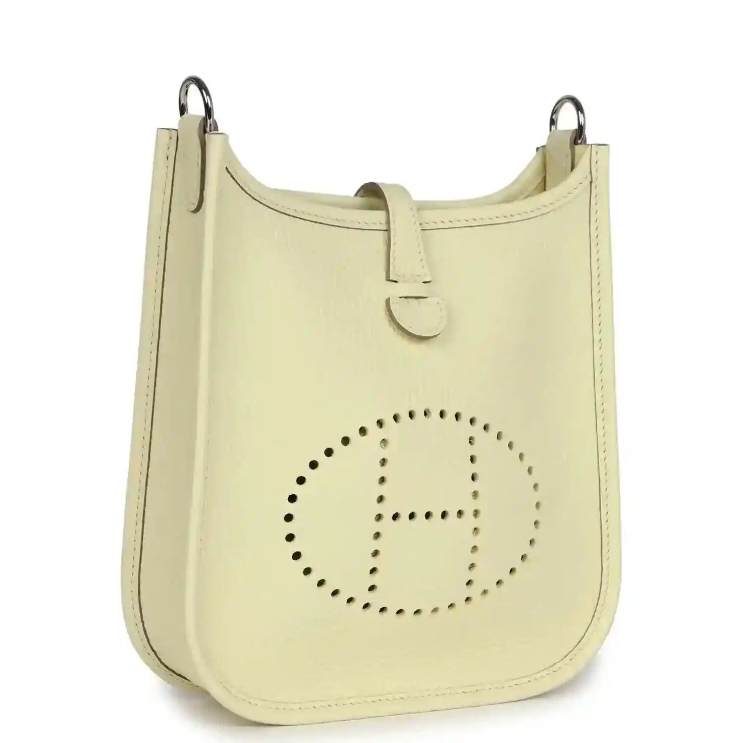 Light yellow leather mini crossbody bag with perforated 'E' logo and strap