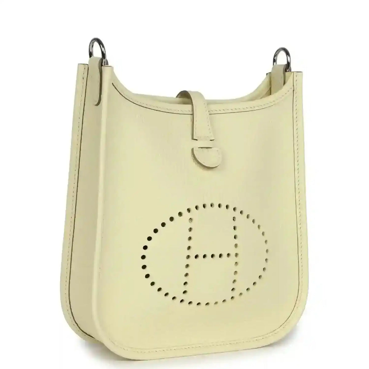 Light yellow leather mini crossbody bag with perforated 'E' logo and strap