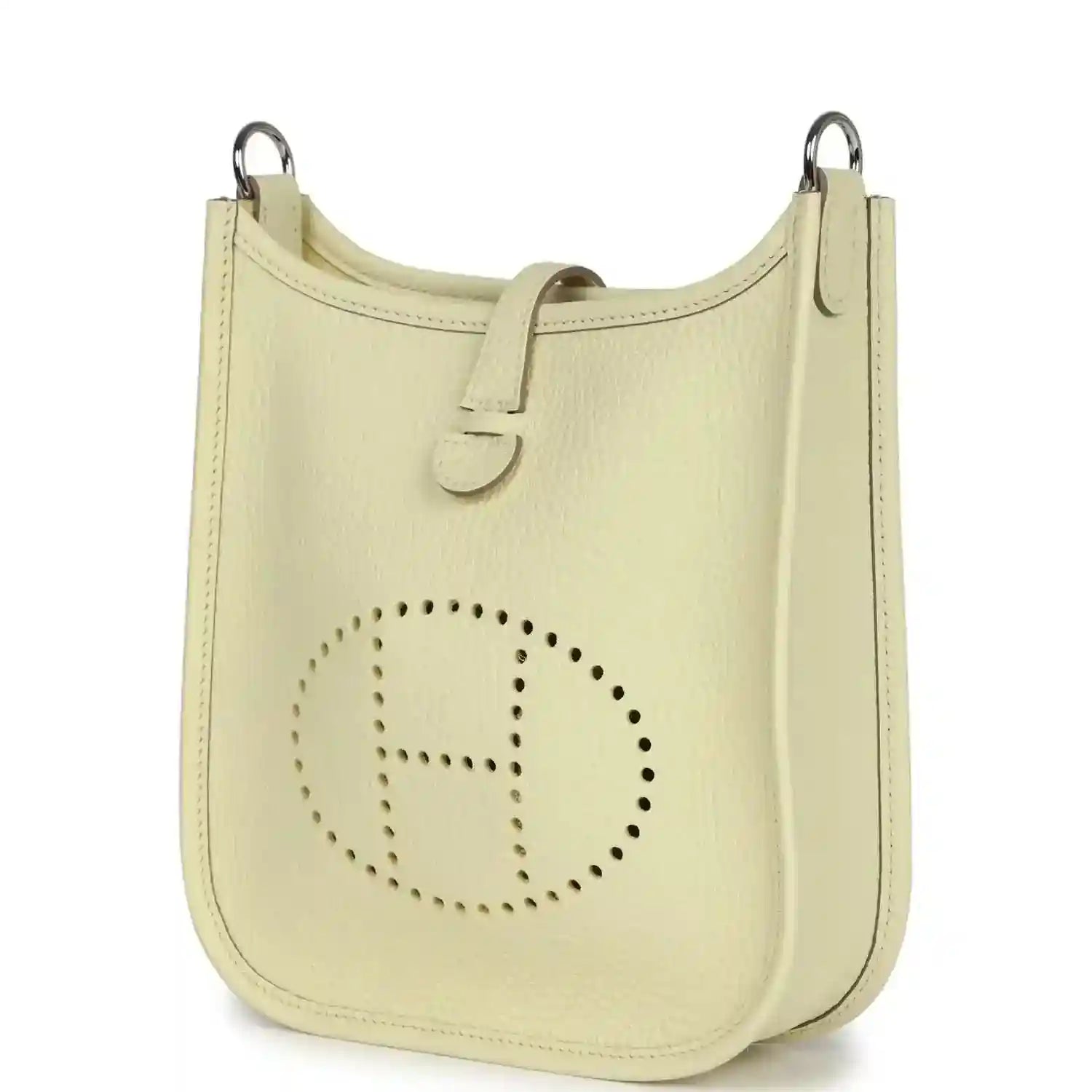 Light yellow leather mini crossbody bag with perforated 'E' logo on front