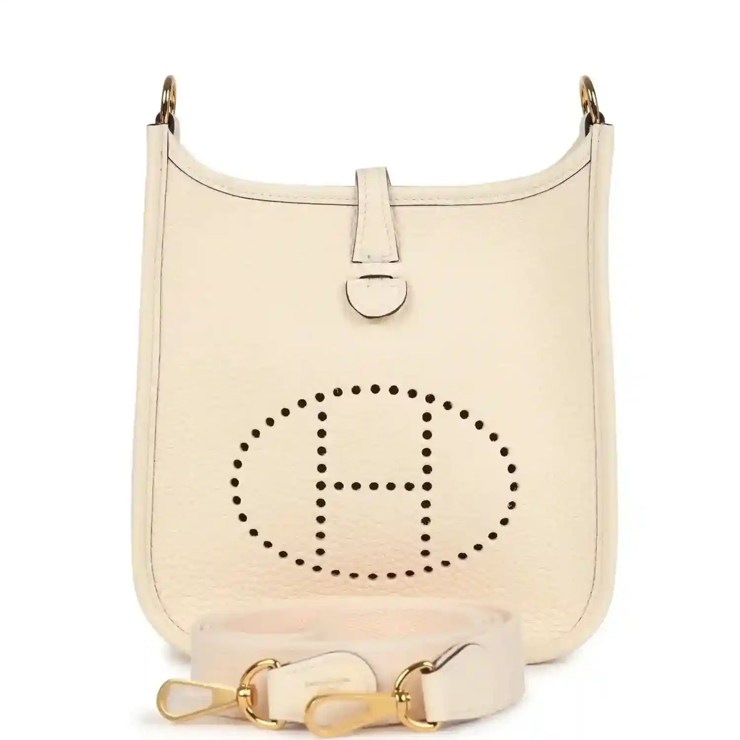 Light beige TPM bag with perforated 'E' logo and gold-tone hardware