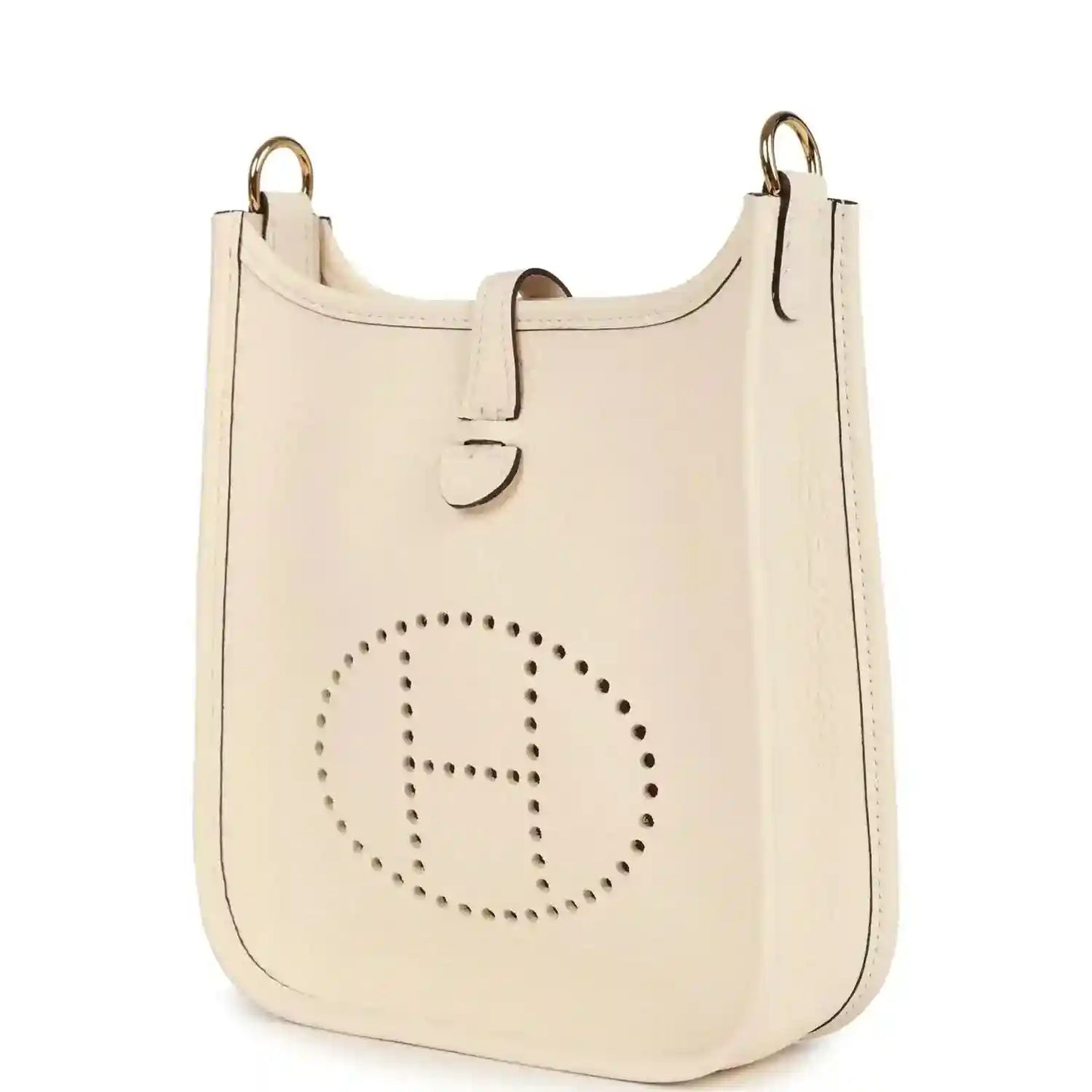 Light beige TPM bag with perforated 'E' logo and gold-tone top rings