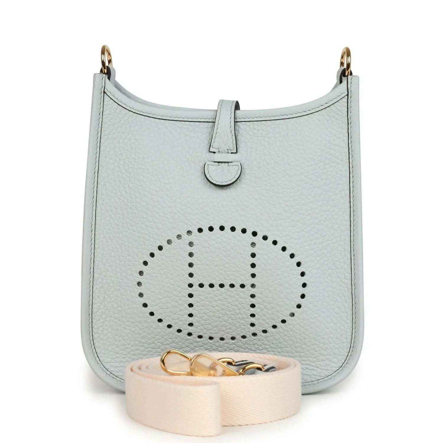 Hermès Evelyne TPM bag in pale blue grained leather with palladium-tone rings and logo