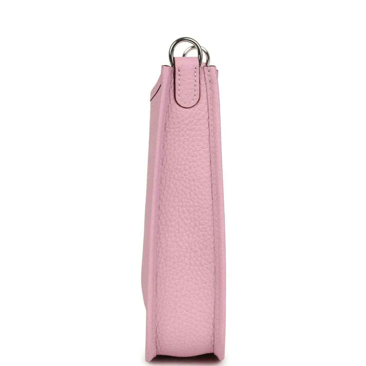 Mauve-pink leather crossbody bag vertical side view with top ring handles