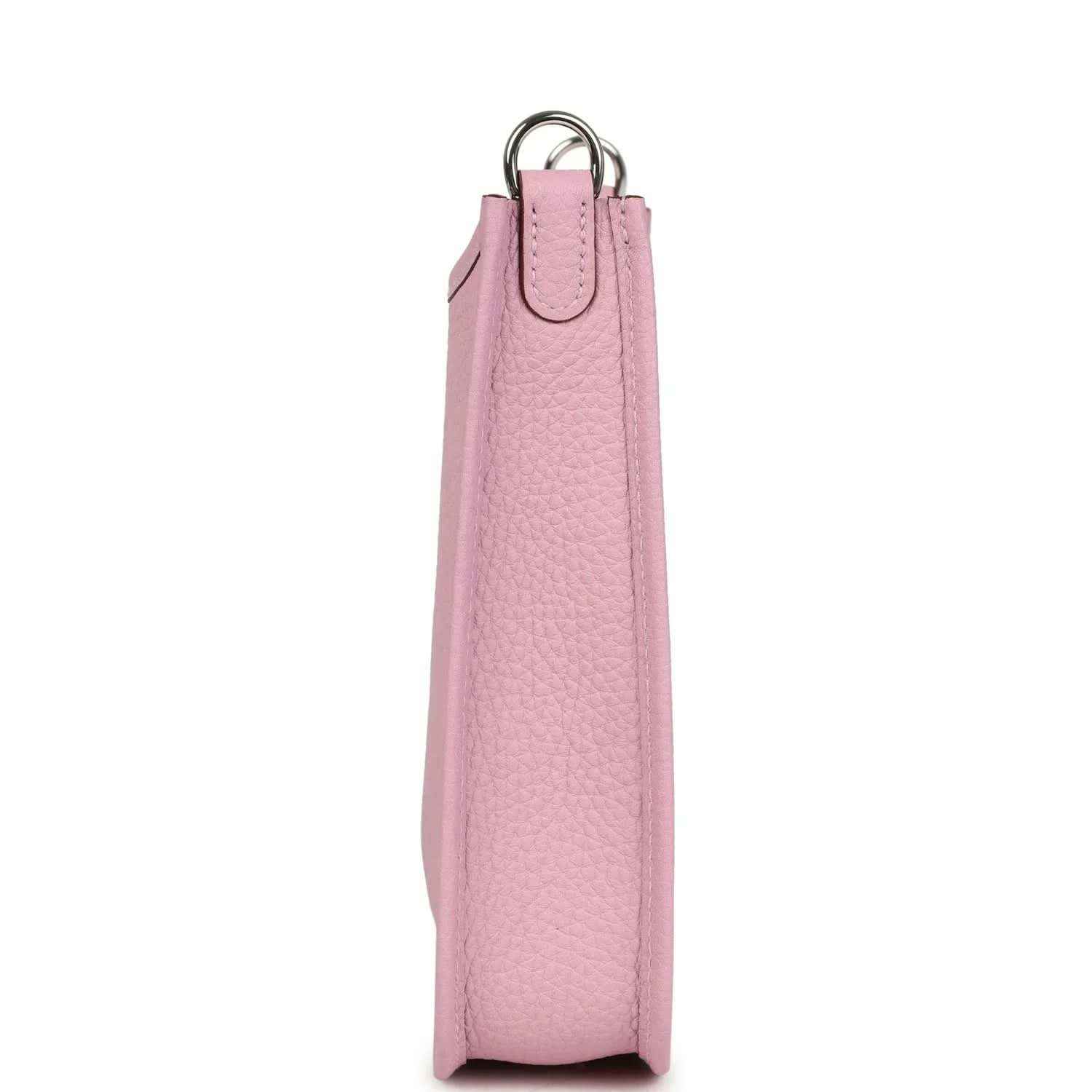 Mauve-pink leather crossbody bag vertical side view with top ring handles