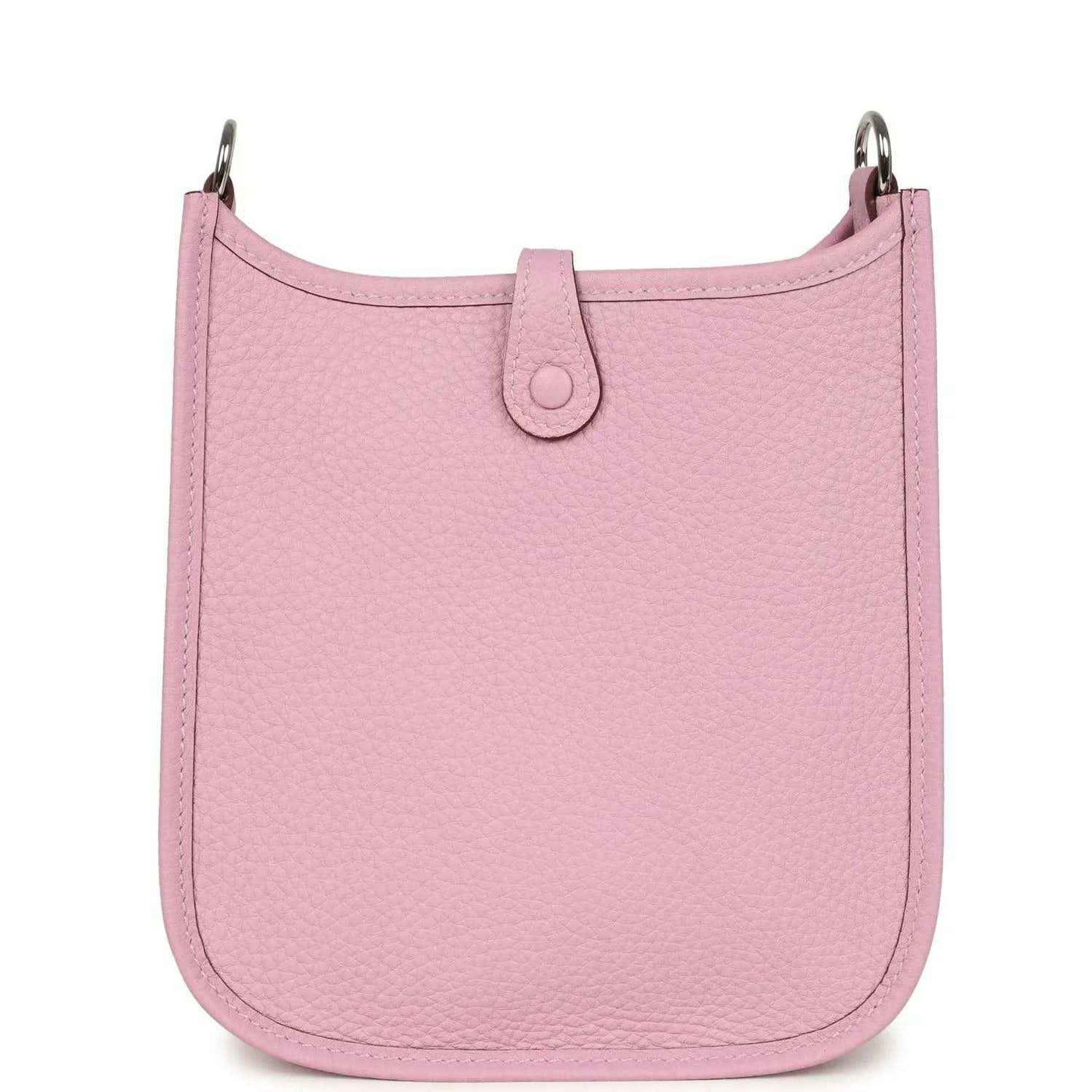 Mauve-pink leather crossbody bag front view with centered strap tab and top rings